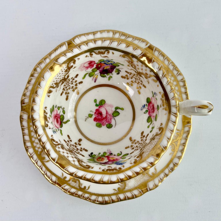 Early 19th Century H & R Daniel Teacup Trio, White with Gilt and Floral Sprigs, Regency, ca 1825