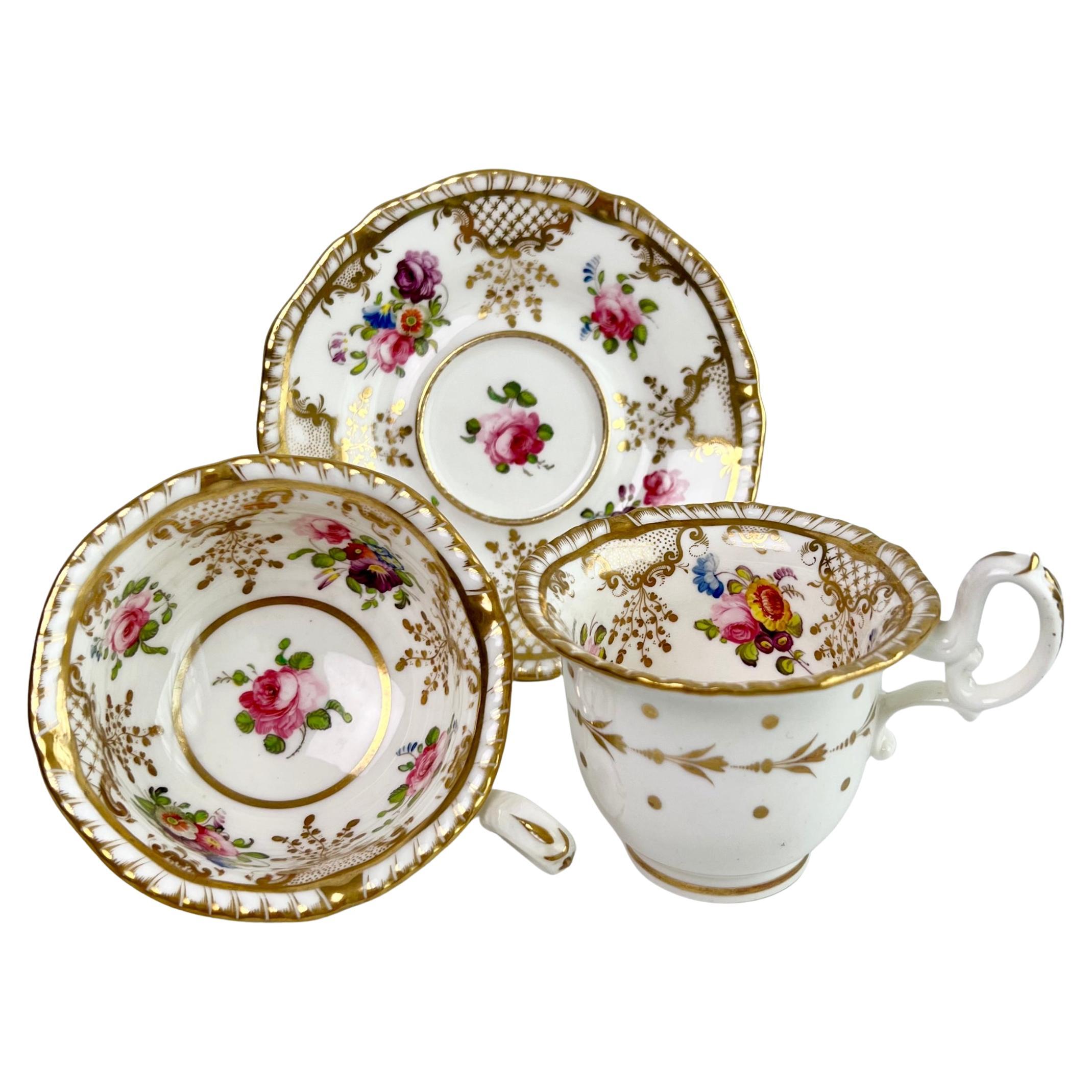 H & R Daniel Teacup Trio, White with Gilt and Floral Sprigs, Regency, ca 1825
