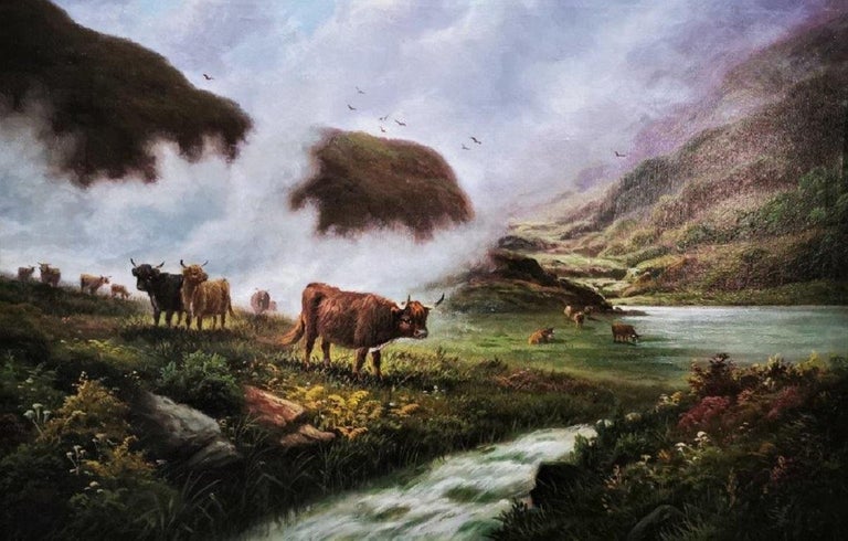 H R Hall Landscape Painting - "Scottish Highland Misty River Landscape", cattle, original oil on canvas