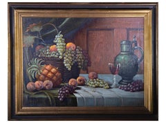 H. Reidl - Nature morte à l'huile, aux fruits et au vin, début du XXe siècle