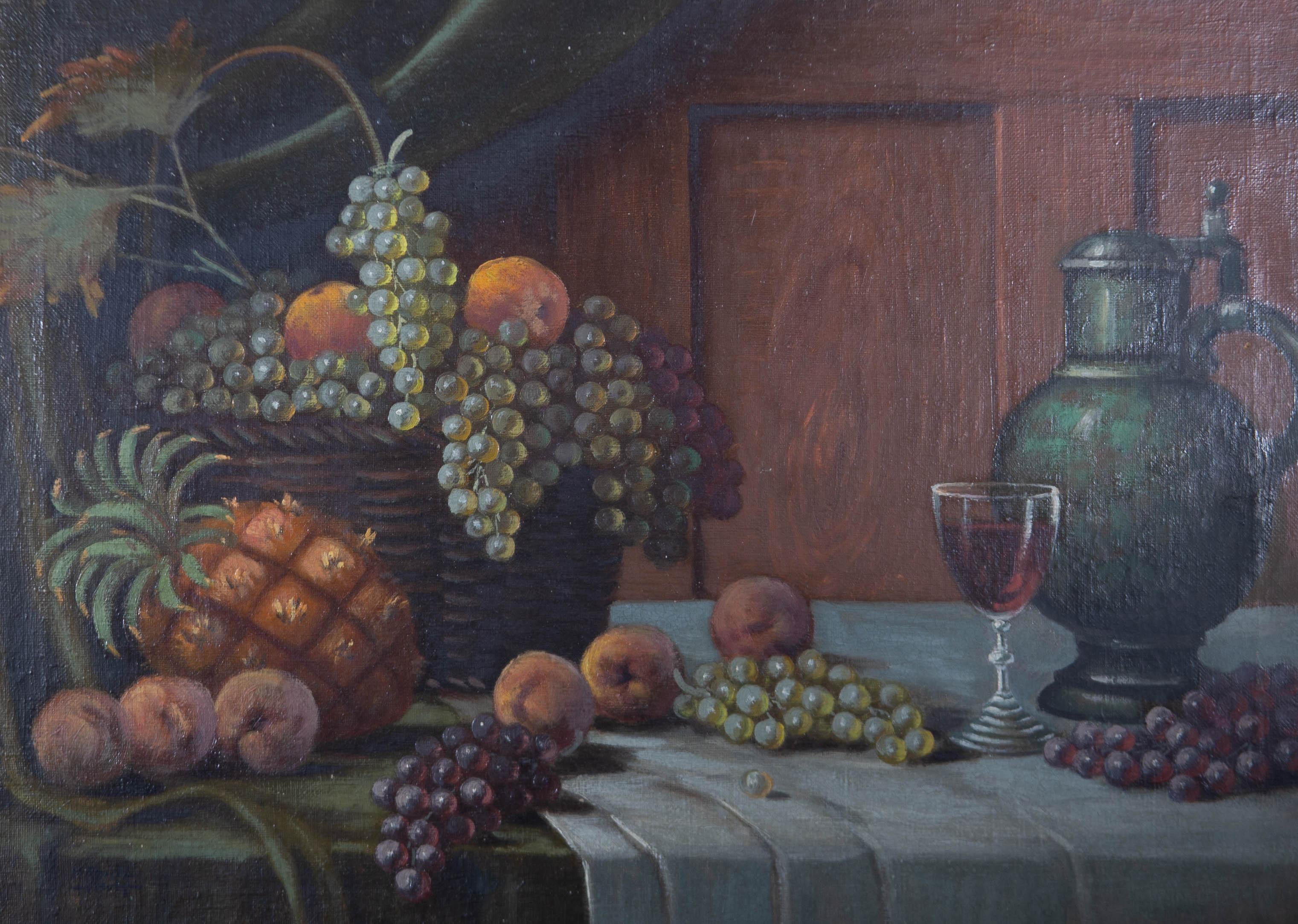 A striking early 20th Century still life of exotic fruit and a pitcher of wine with a full glass. The artist has signed to the lower left corner and the painting has been handsomely presented in a substantial Dutch style contemporary gilt and black