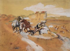 Cowboy a caccia di cervi Pronghorn ("antilope americana") in acquerello e guazzo