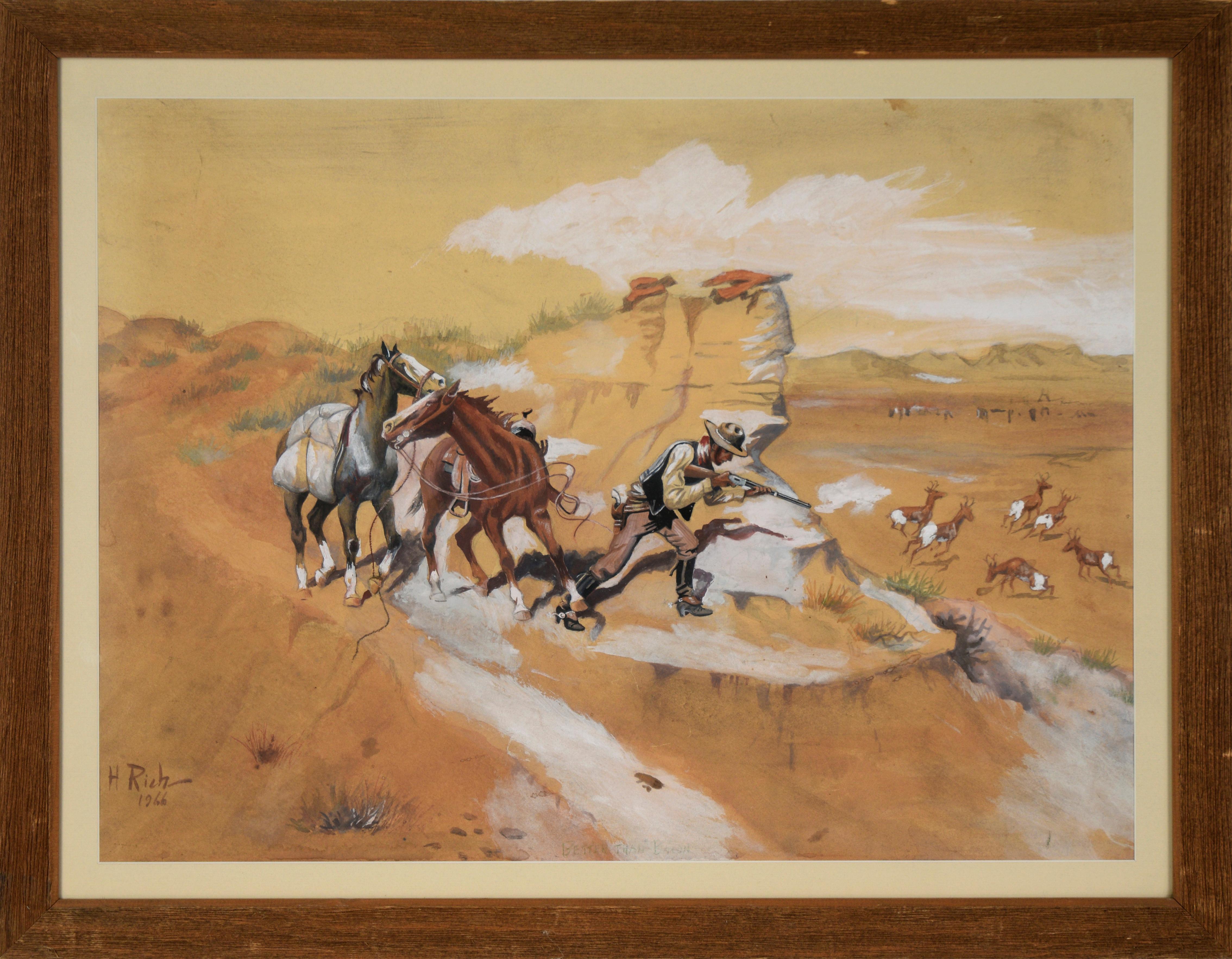 Vaquero cazando ciervos berrendos ("antílope americano") en acuarela y gouache