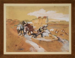 Cowboy chassant le cerf de Virginie ("antilope américaine") à l'aquarelle et à la gouache