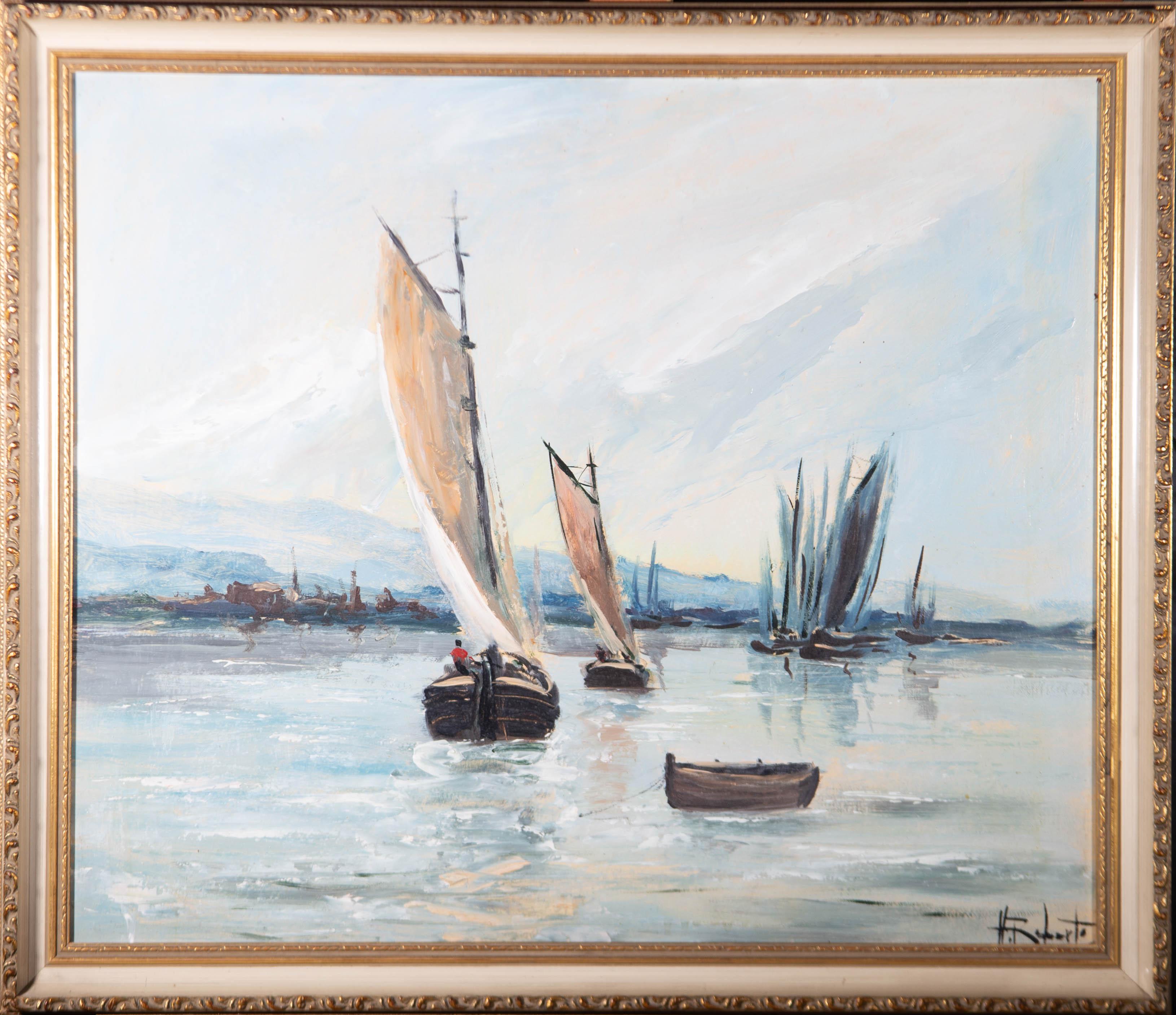 A fine mid Century impressionist oil showing a figure in red, steering their boat back towards the shore in the slowly fading light. The artist has signed to the lower right corner. The painting is presented in a contemporary cream fame with gilt