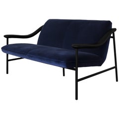 H Russell Loveseat with Solid Walnut Armrests, Metal Frame and Kvadrat Velvet