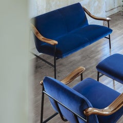 H Russell Loveseat with Solid Walnut Armrests, Metal Frame and Kvadrat Velvet