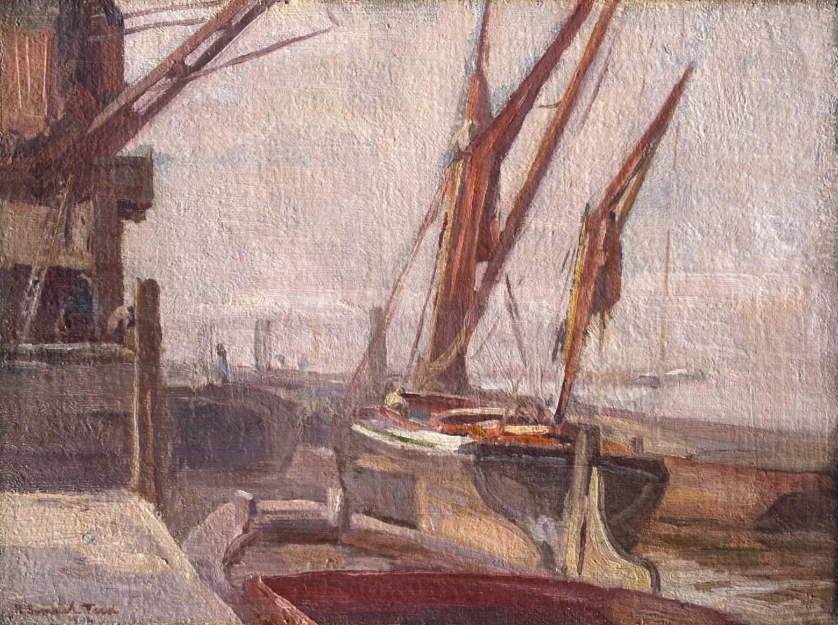 Peinture à l'huile de paysage de Thames Dockland, 1912, Londres