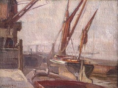 Antique Thames Dockland, Oil Landscape Painting, 1912 London