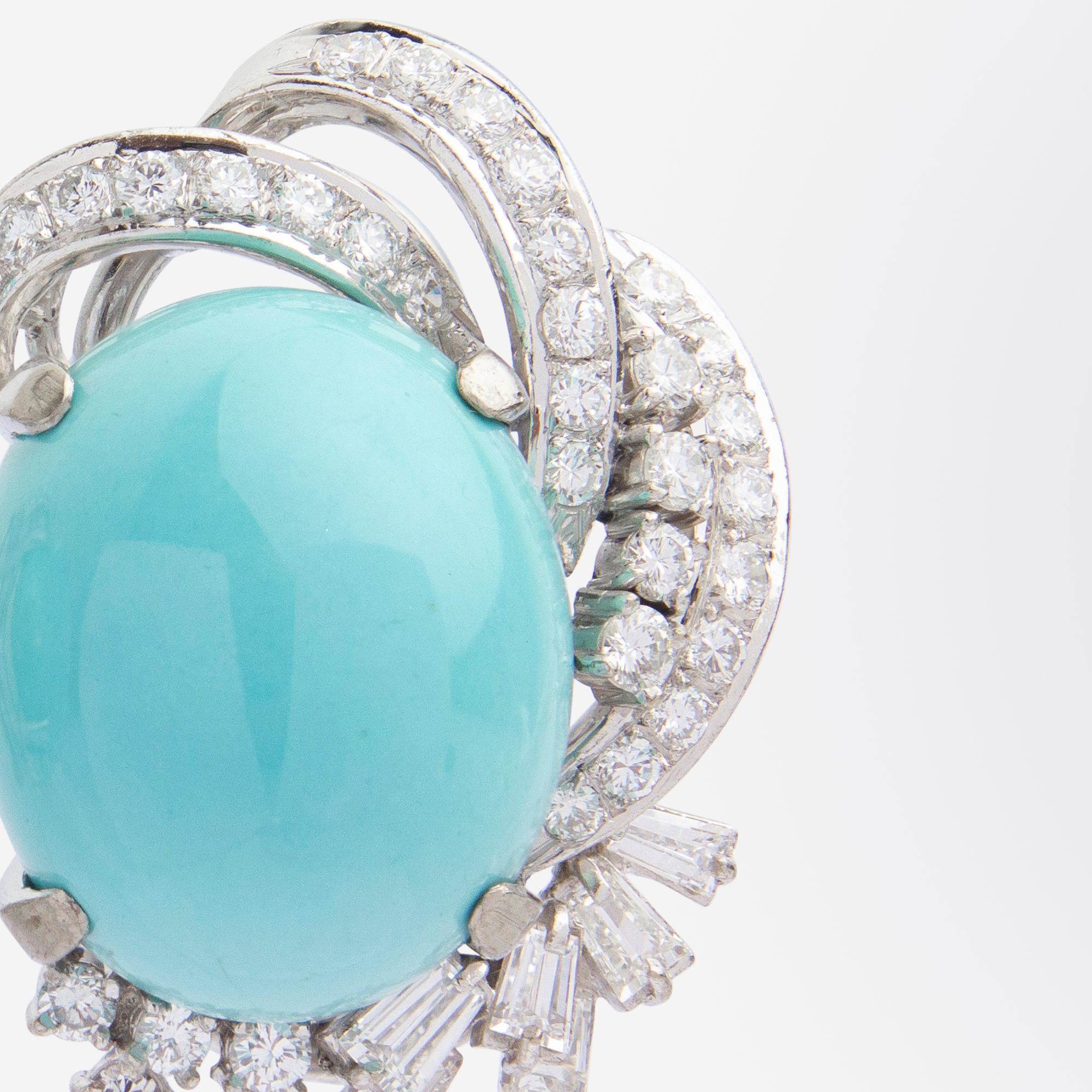 Modernist 'H. Sena' 18 Karat White Gold Diamond & Turquoise Cocktail Earrings For Sale