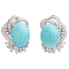 Vintage 'H. Sena' 18 Karat White Gold Diamond & Turquoise Cocktail Earrings