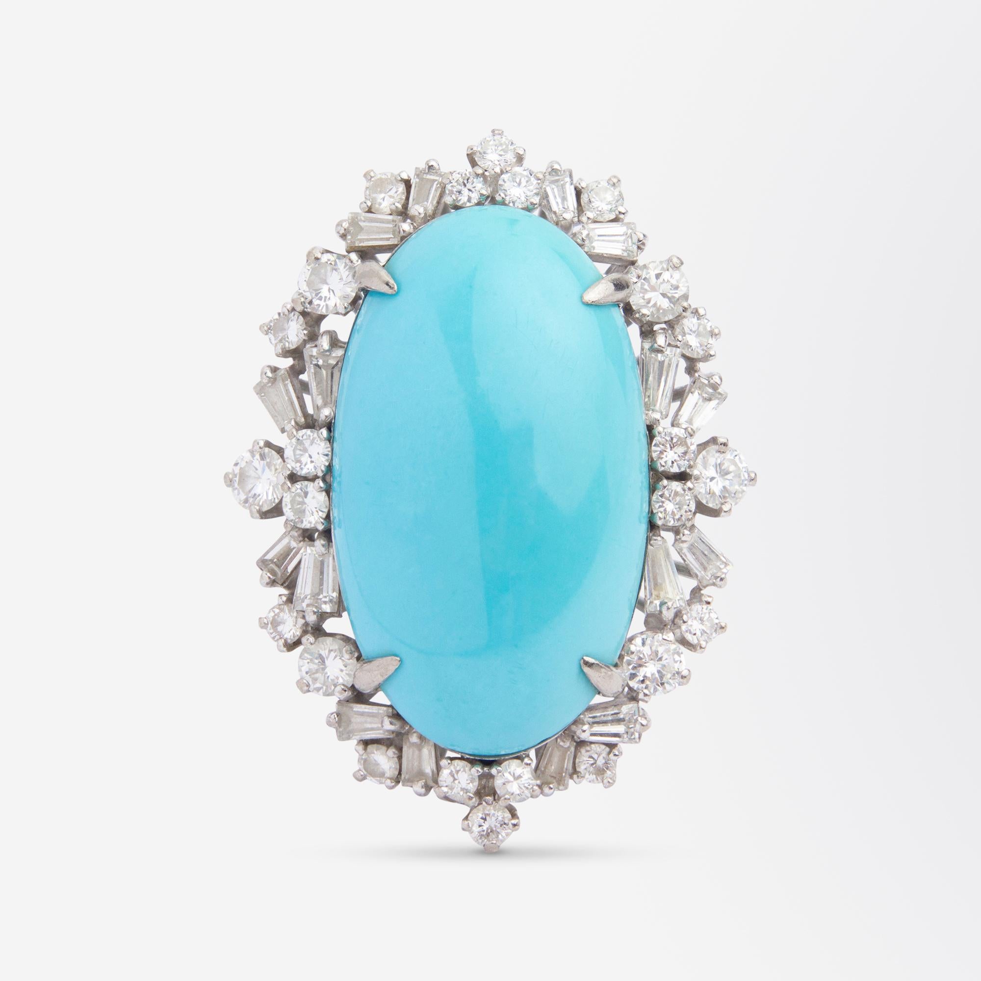 Modernist 'H. Sena' 18 Karat White Gold Diamond & Turquoise Cocktail Ring For Sale