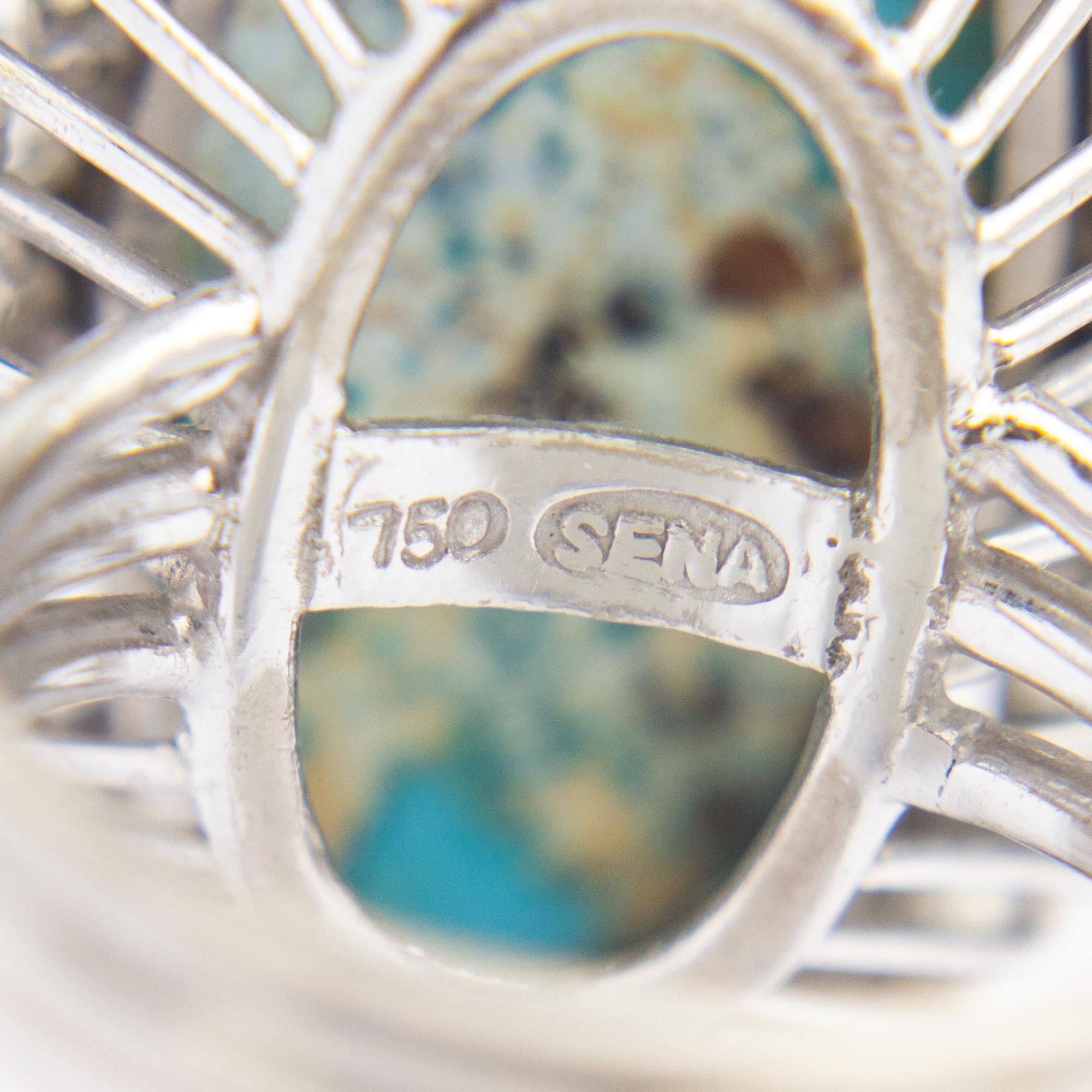 'H. Sena' 18 Karat White Gold Diamond & Turquoise Cocktail Ring For Sale 1