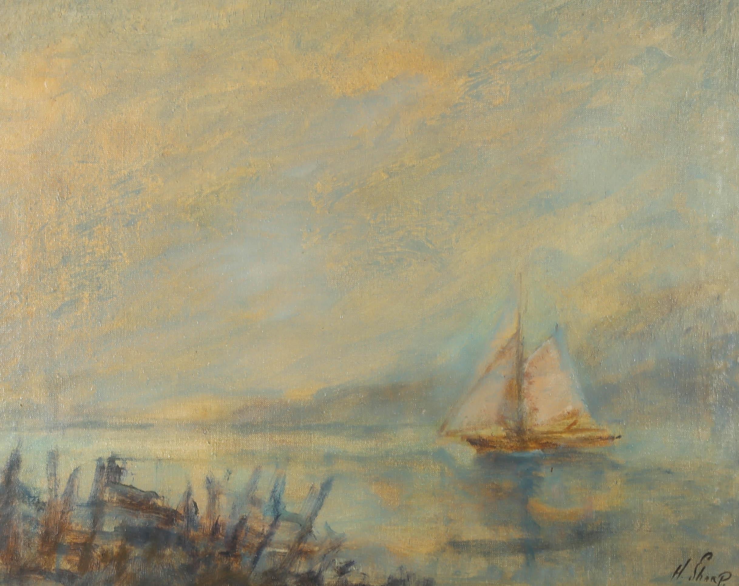 An atmospheric oil seascape, showing a small sailboat on murky waters, surrounded by a blue mist. The artist has signed to the lower right and the painting has been presented in an off-white frame. On canvas.


