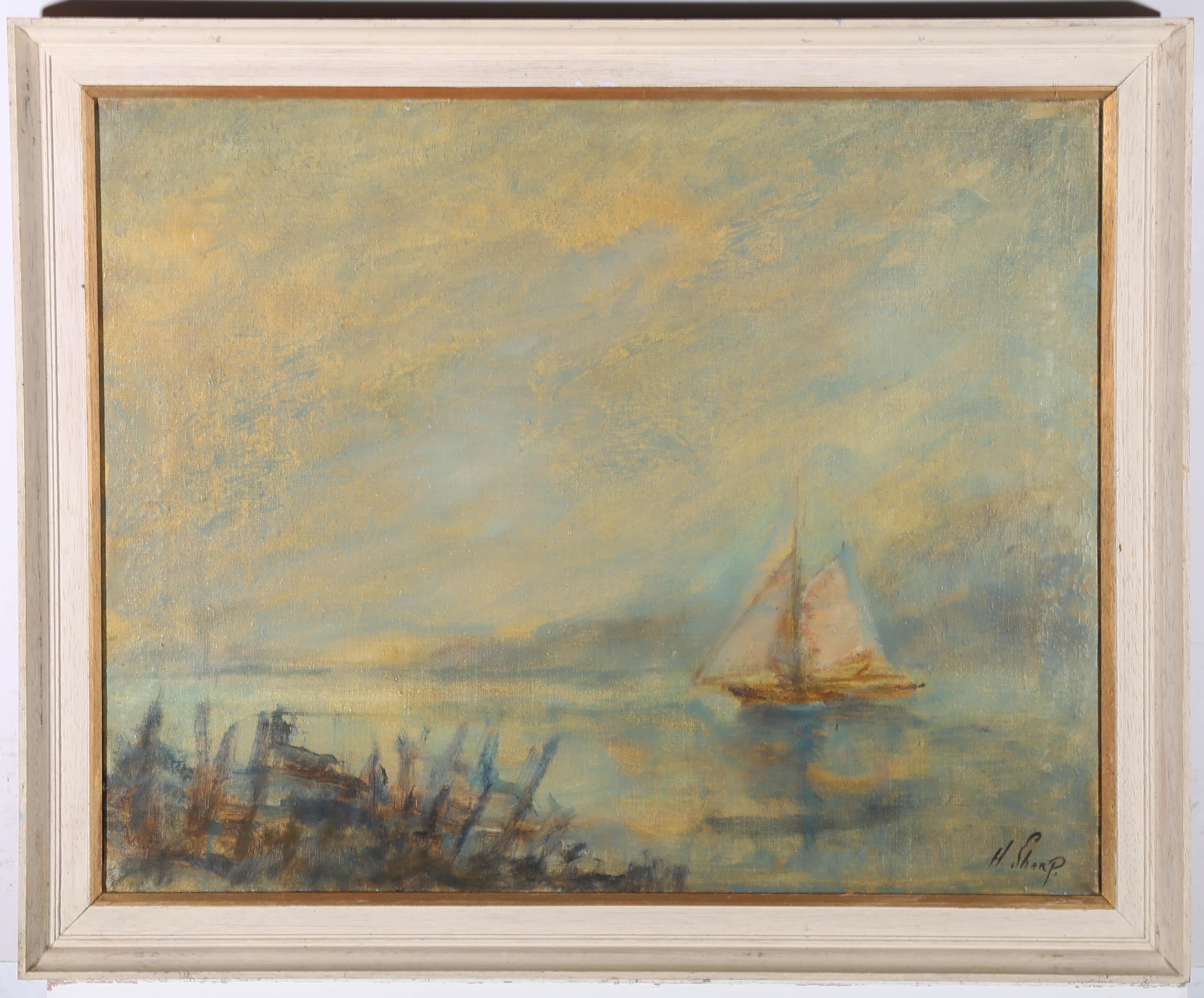 H. Sharp - Mid 20th Century Oil, Boat On Murky Waters For Sale 1