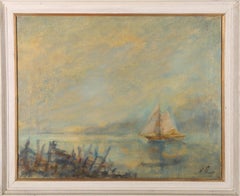 H. Sharp – Ölgemälde, Boot auf Murky Waters, Mitte des 20. Jahrhunderts