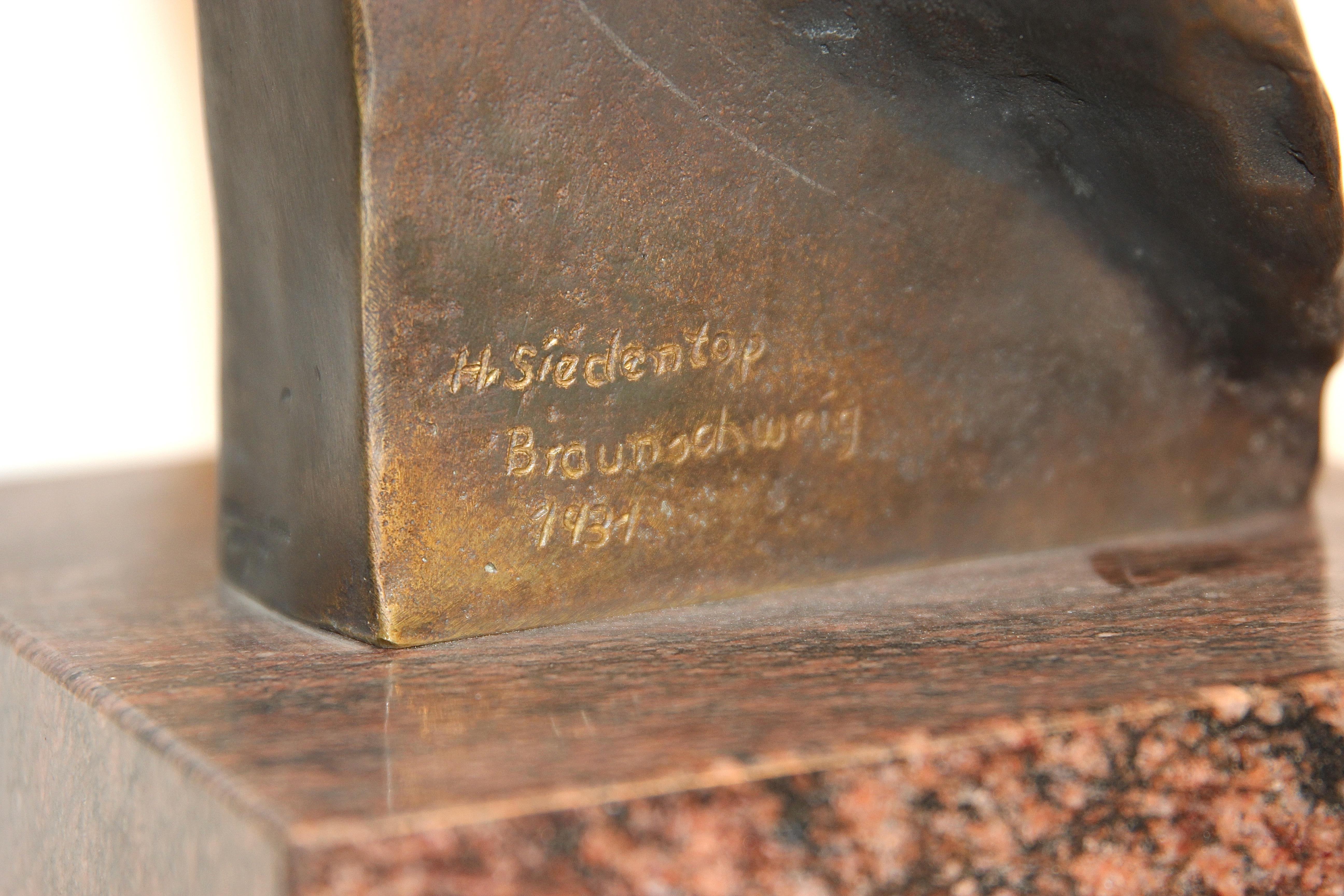 H. Siedentop, Life-Size Bust of a Man, Brown Patinated Bronze on Marble Base For Sale 2