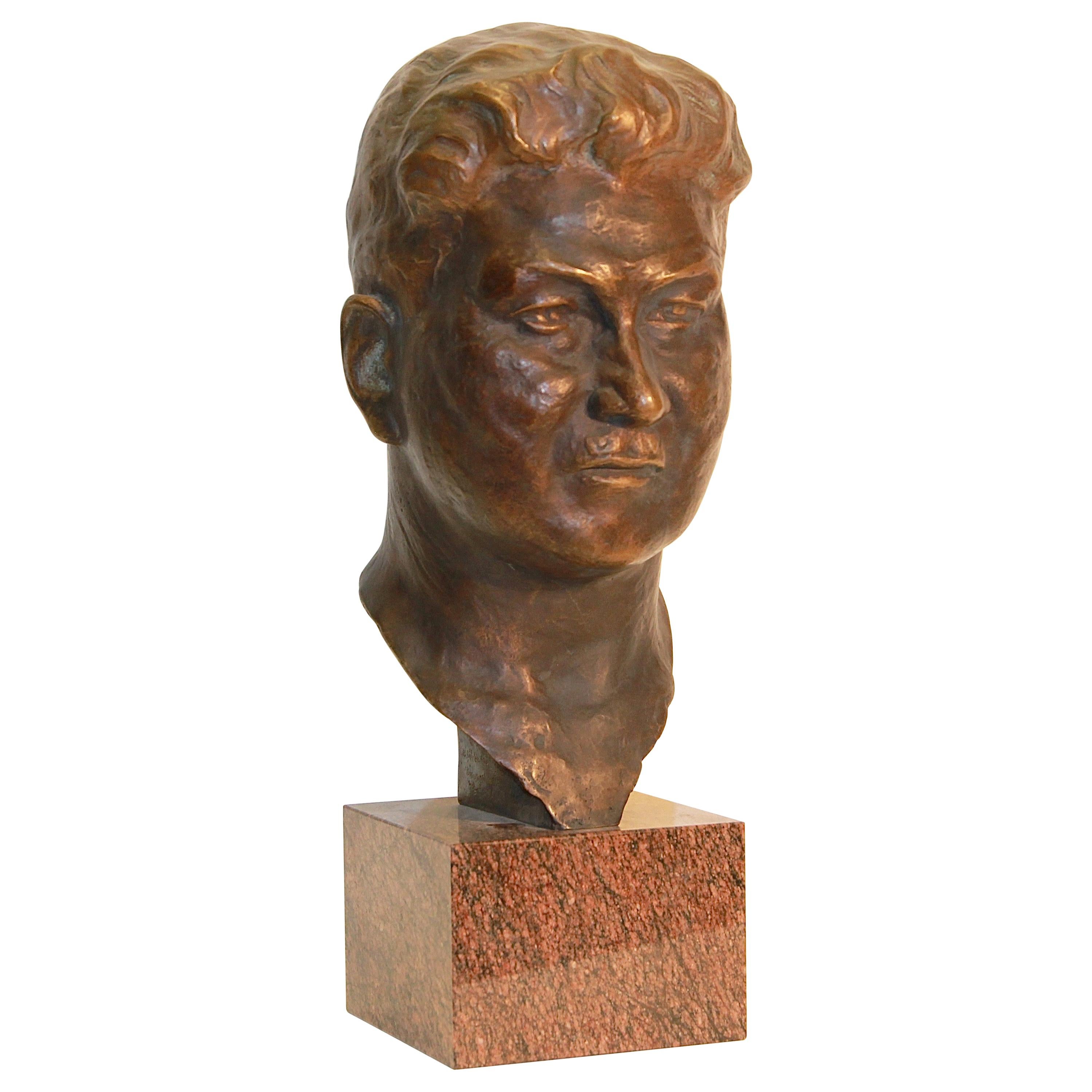 H. Siedentop, Life-Size Bust of a Man, Brown Patinated Bronze on Marble Base For Sale