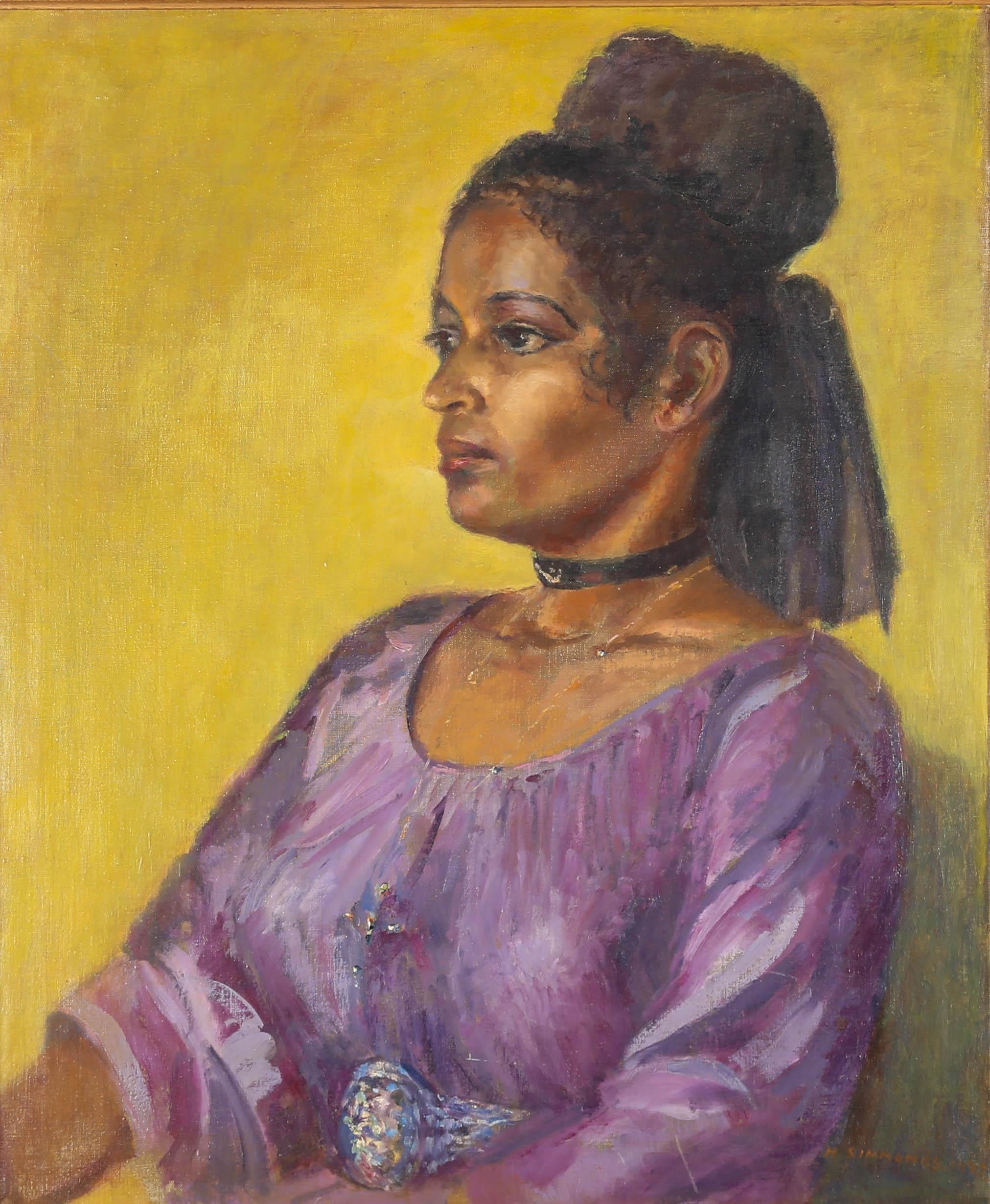 A striking 20th Century portrait of a beautiful woman in a lilac dress. She wears her hair in an elegant bun with a choker around her neck. The artist has signed and dated to the lower right and the painting has been presented in a wood frame. On