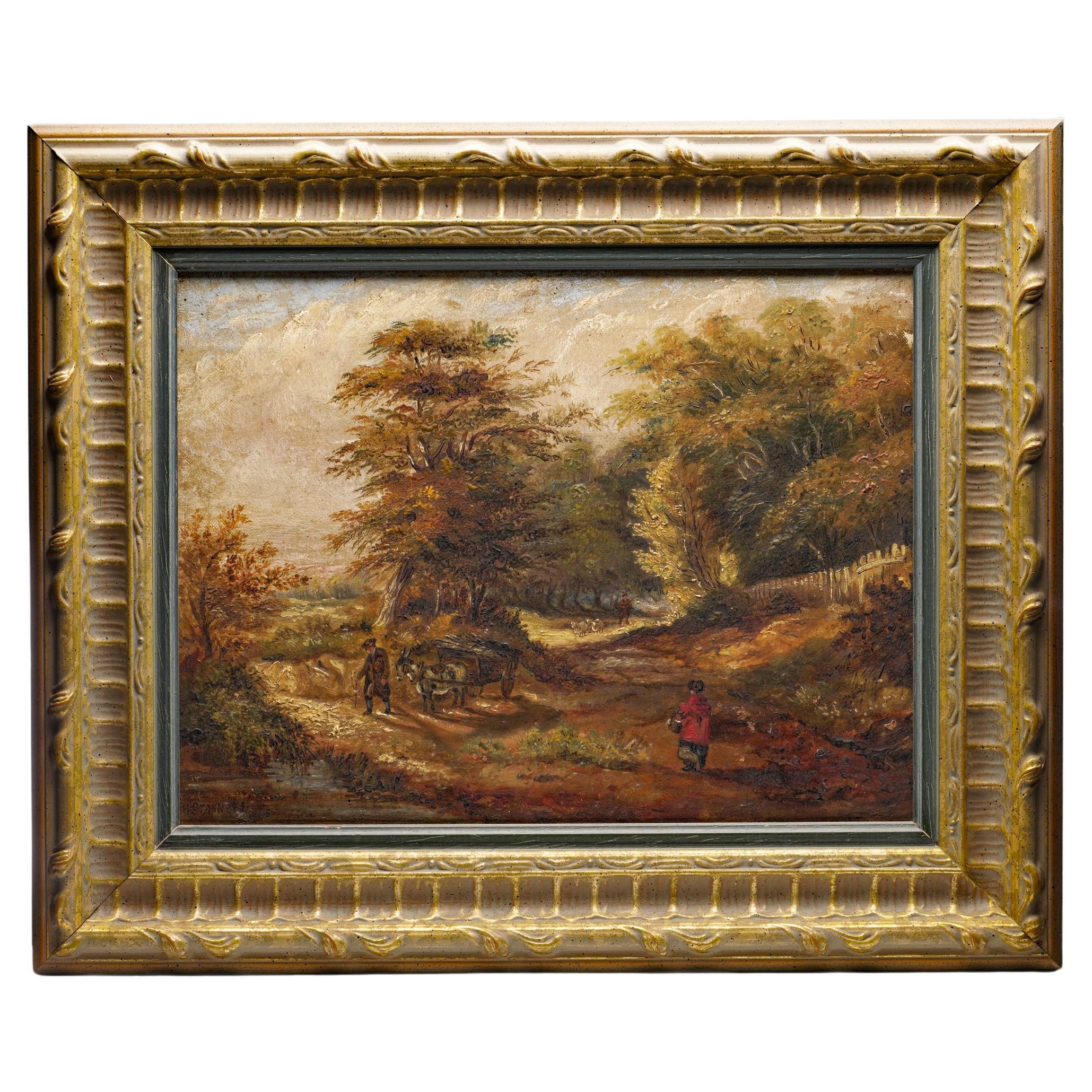 H. Stannava 19ème siècle Peinture à l'huile sur toile avec scène rurale
