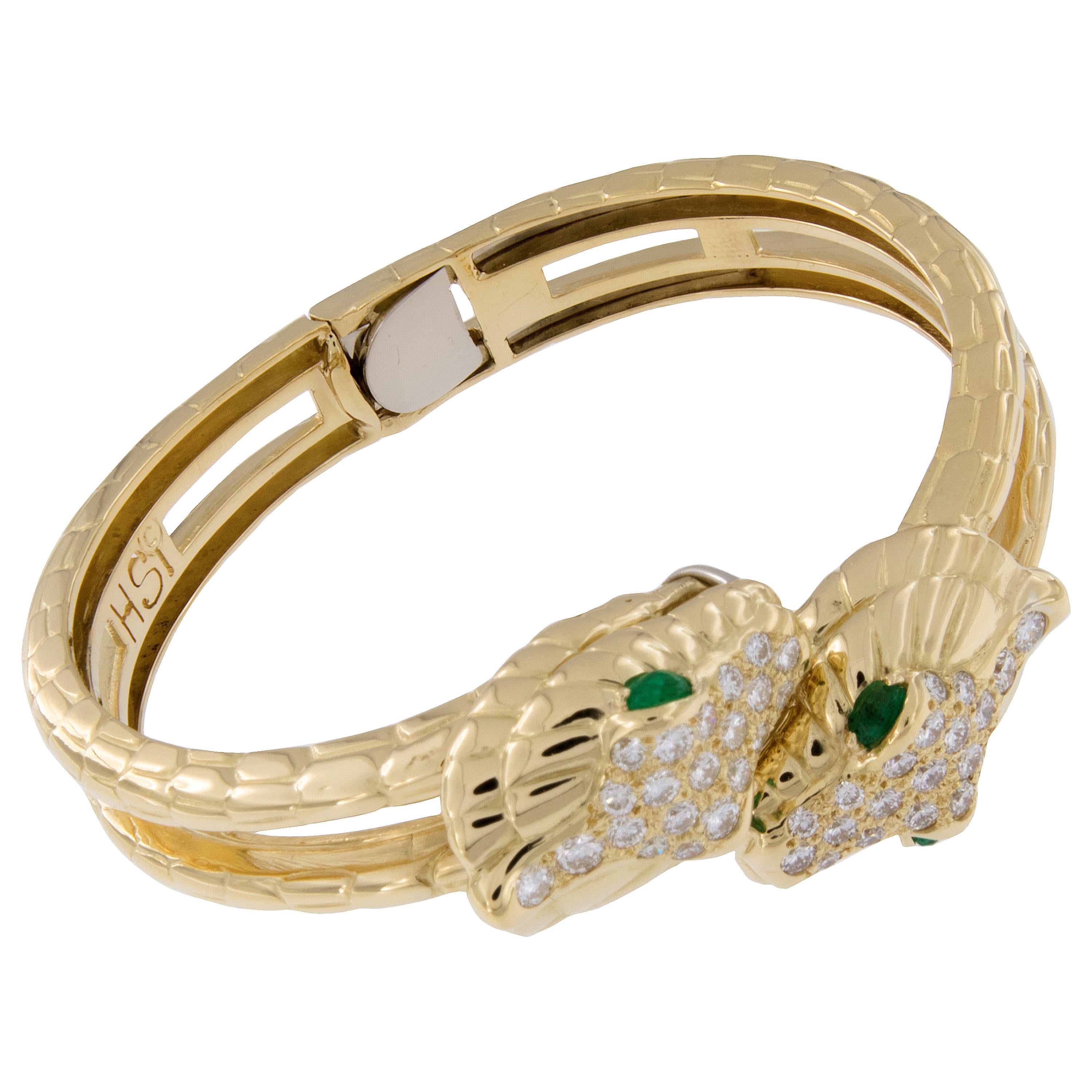 H. Steppenjay 18 Karat Gold, Diamond and Emerald Serpent Bangle Bracelet For Sale