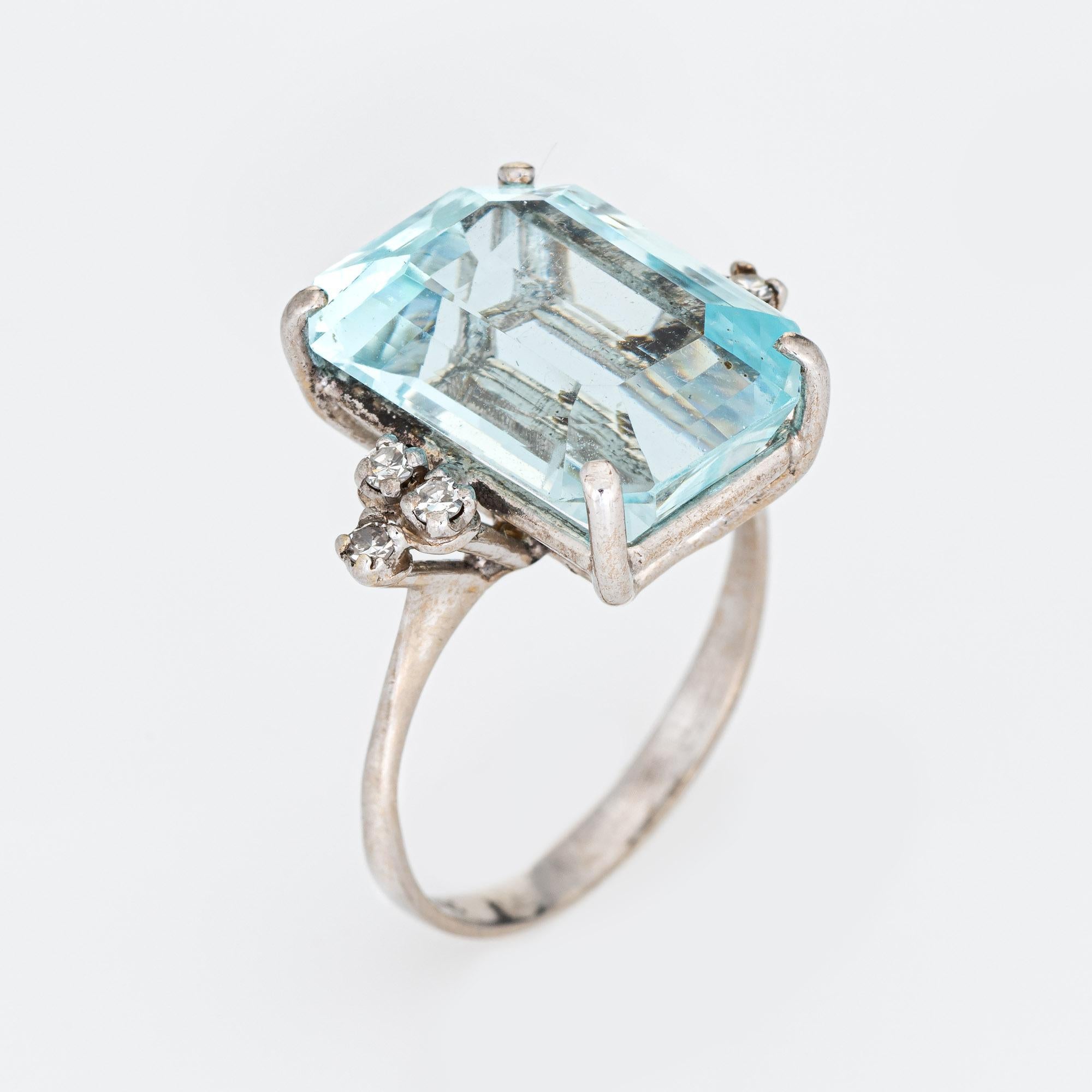 Stylish H Stern aquamarine & diamond ring (circa 1950s to 1960s), crafted in 18 karat white gold. 

Emerald cut aquamarine measures 16mm x 12mm (estimated at 13carats), accented with six estimated 0.02 carat single cut diamonds. The total diamond
