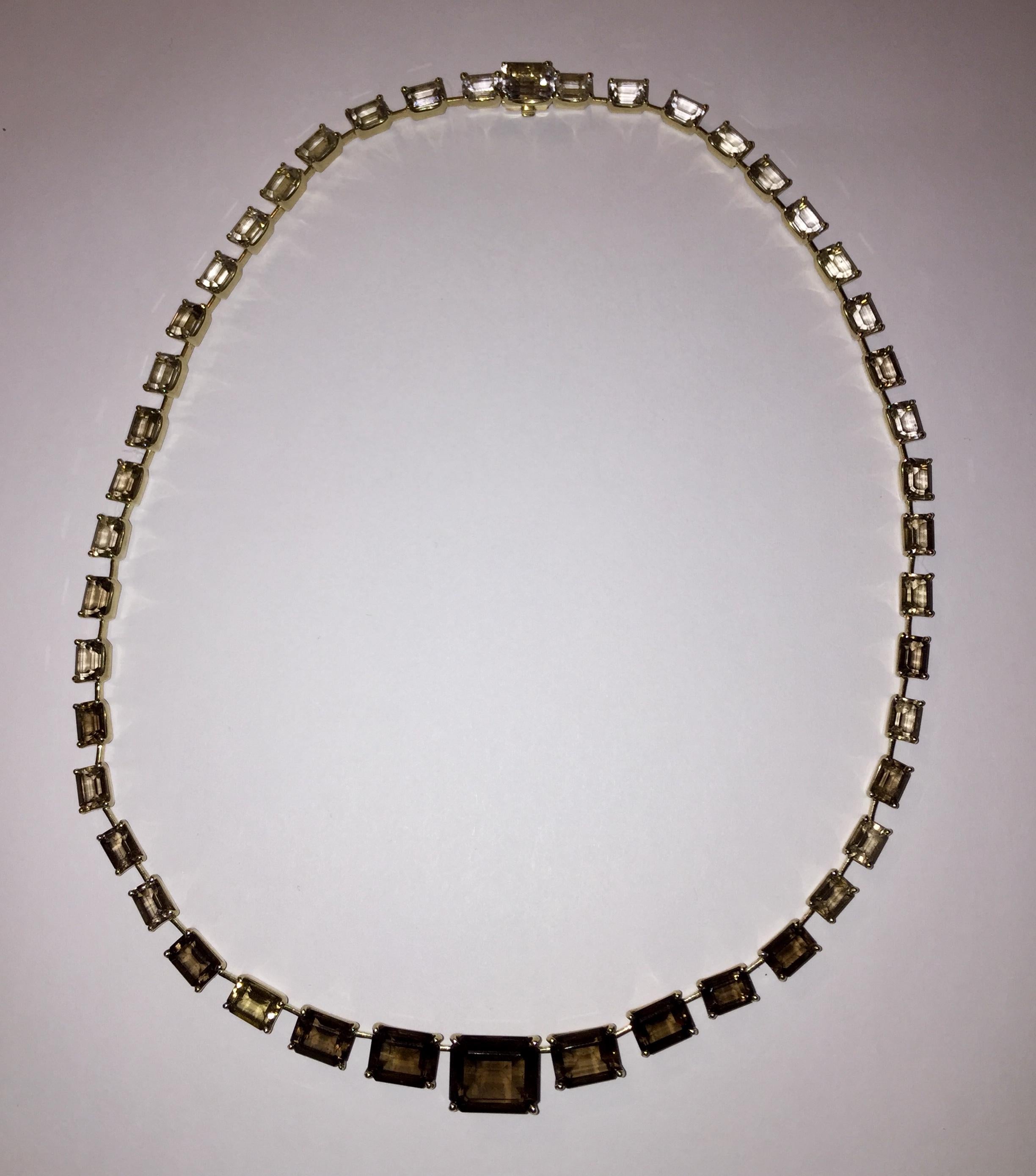 H Stern 18 Karat Smoky Quartz Emerald Cut Eternity Necklace. Shades go from near colorless to brown. Stones measure from 4 by 6 mms to 10 by 12 mms. Necklace is 17” long and 0.50” wide. Marked, 750. Weighs, 31.6 grams