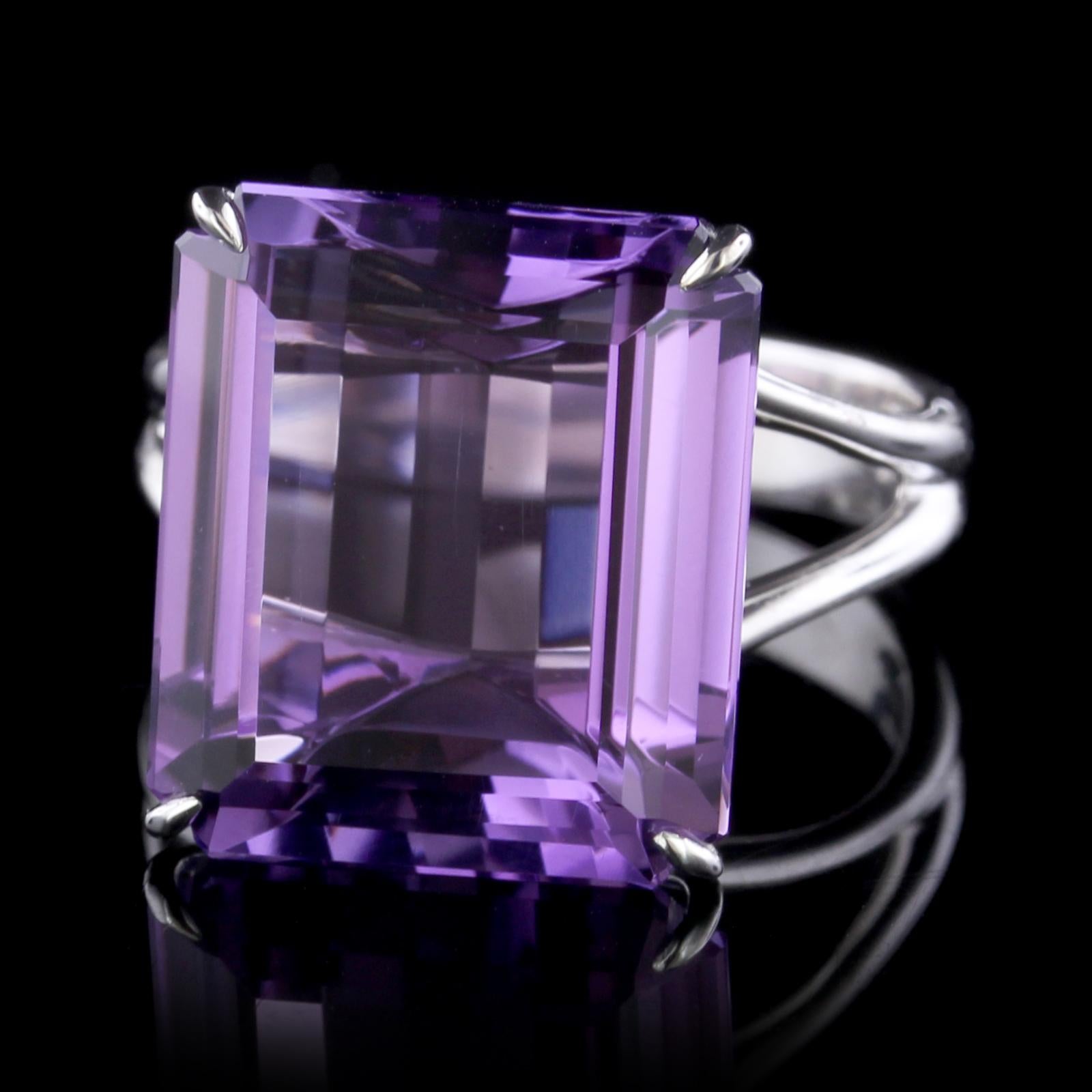 H. Stern 18K White Gold Amethyst Highlights Ring. The ring is set with an emerald cut amethyst measuring 16.00 x 14.00mm., size 7 1/2.