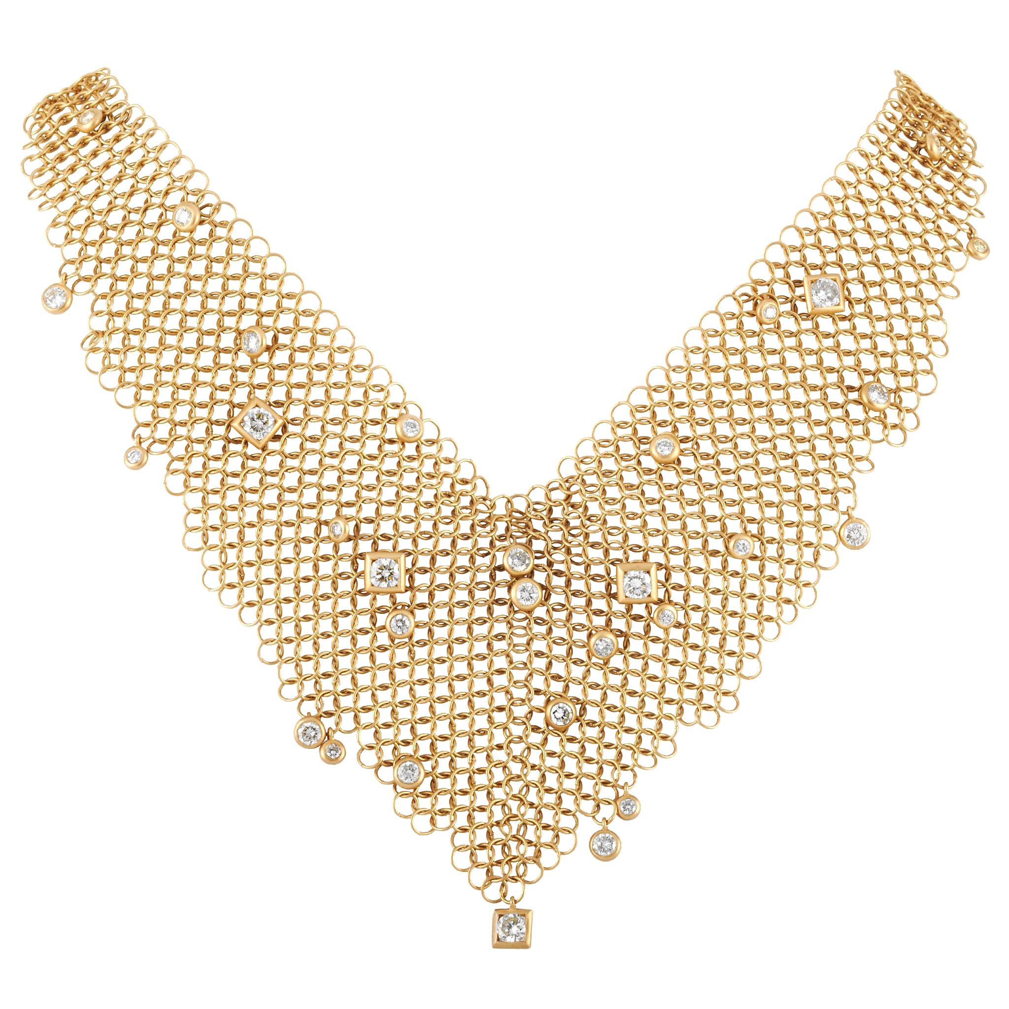 H. Stern 18 Karat Yellow Gold 3.00 Carat Diamond Mesh Bib Necklace