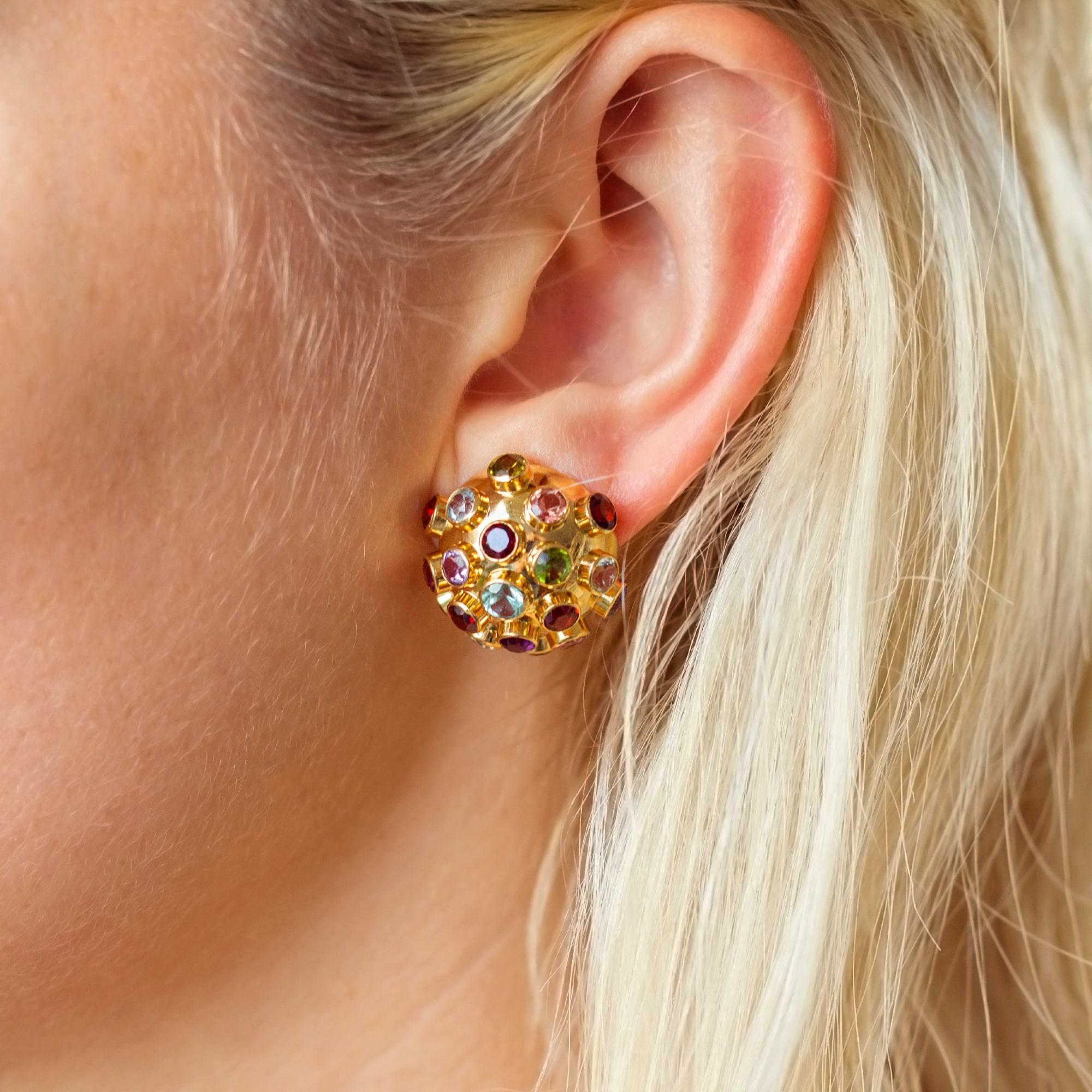 Women's or Men's H Stern 18 Karat Yellow Gold Multi Gemstone Sputnik Style Ear Clips For Sale