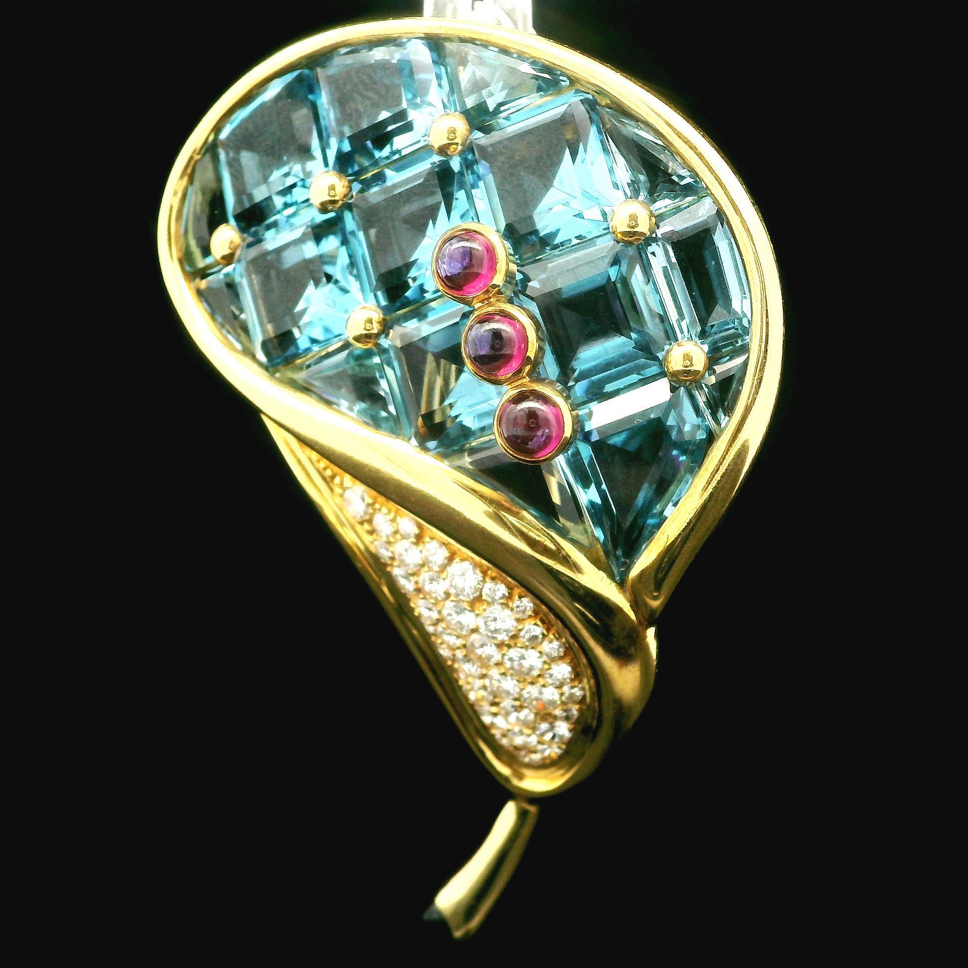 Square Cut H. Stern 18k Gold Blue Topaz Garnet Iolite Diamond Calla Lily Flower Pin Brooch For Sale