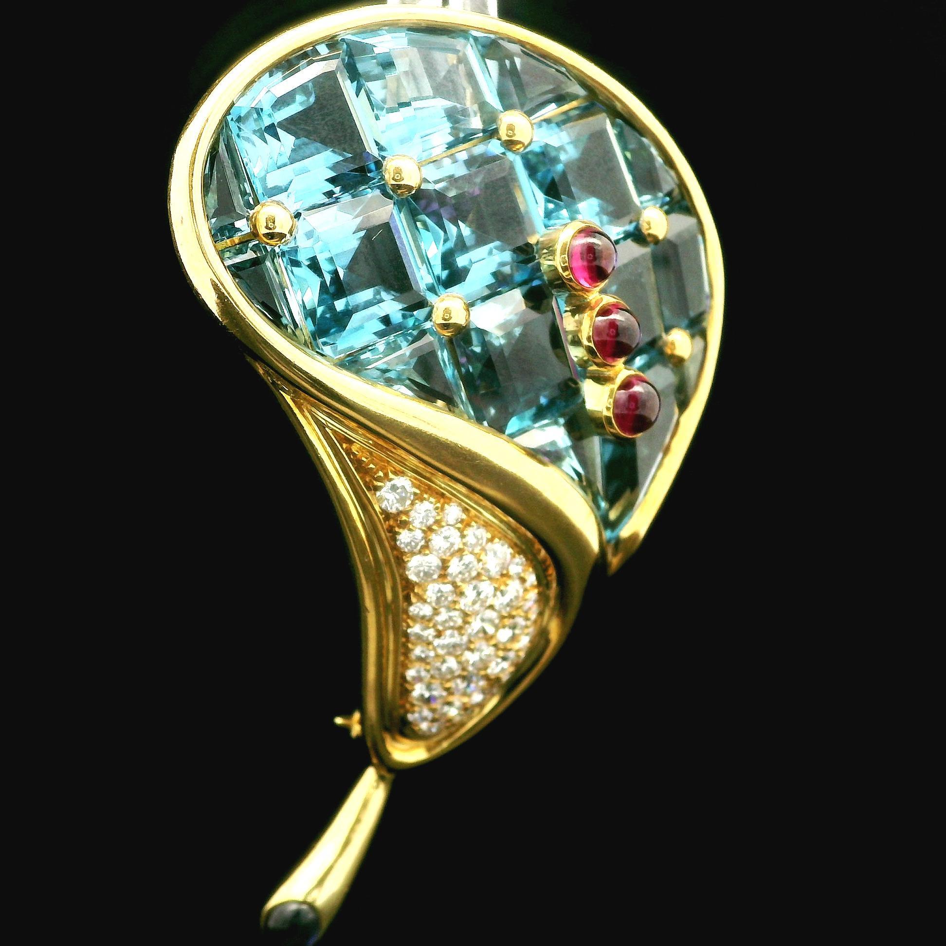 H. Stern 18k Gold Blue Topaz Garnet Iolite Diamond Calla Lily Flower Pin Brooch In Excellent Condition For Sale In Montclair, NJ