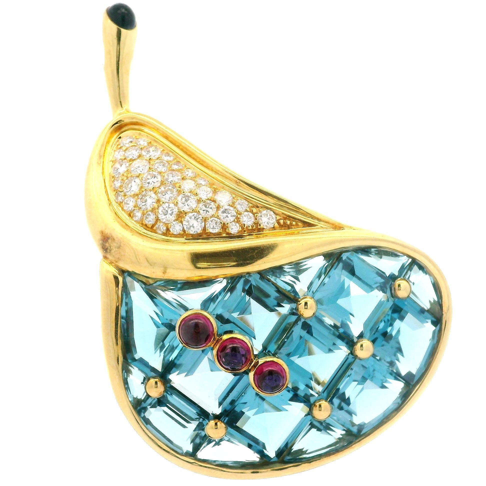 Women's H. Stern 18k Gold Blue Topaz Garnet Iolite Diamond Calla Lily Flower Pin Brooch For Sale