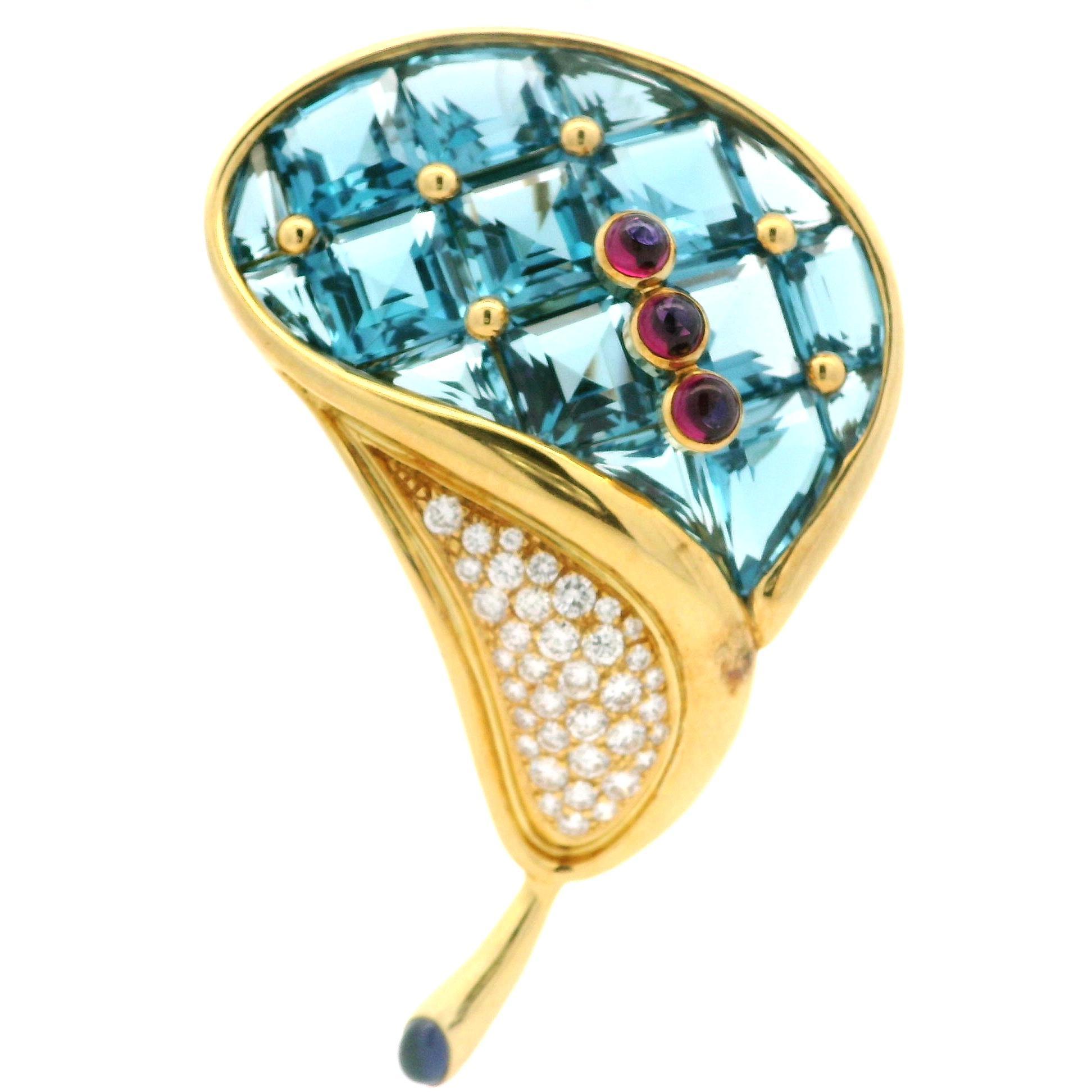H. Stern 18k Gold Blue Topaz Garnet Iolite Diamond Calla Lily Flower Pin Brooch For Sale 1