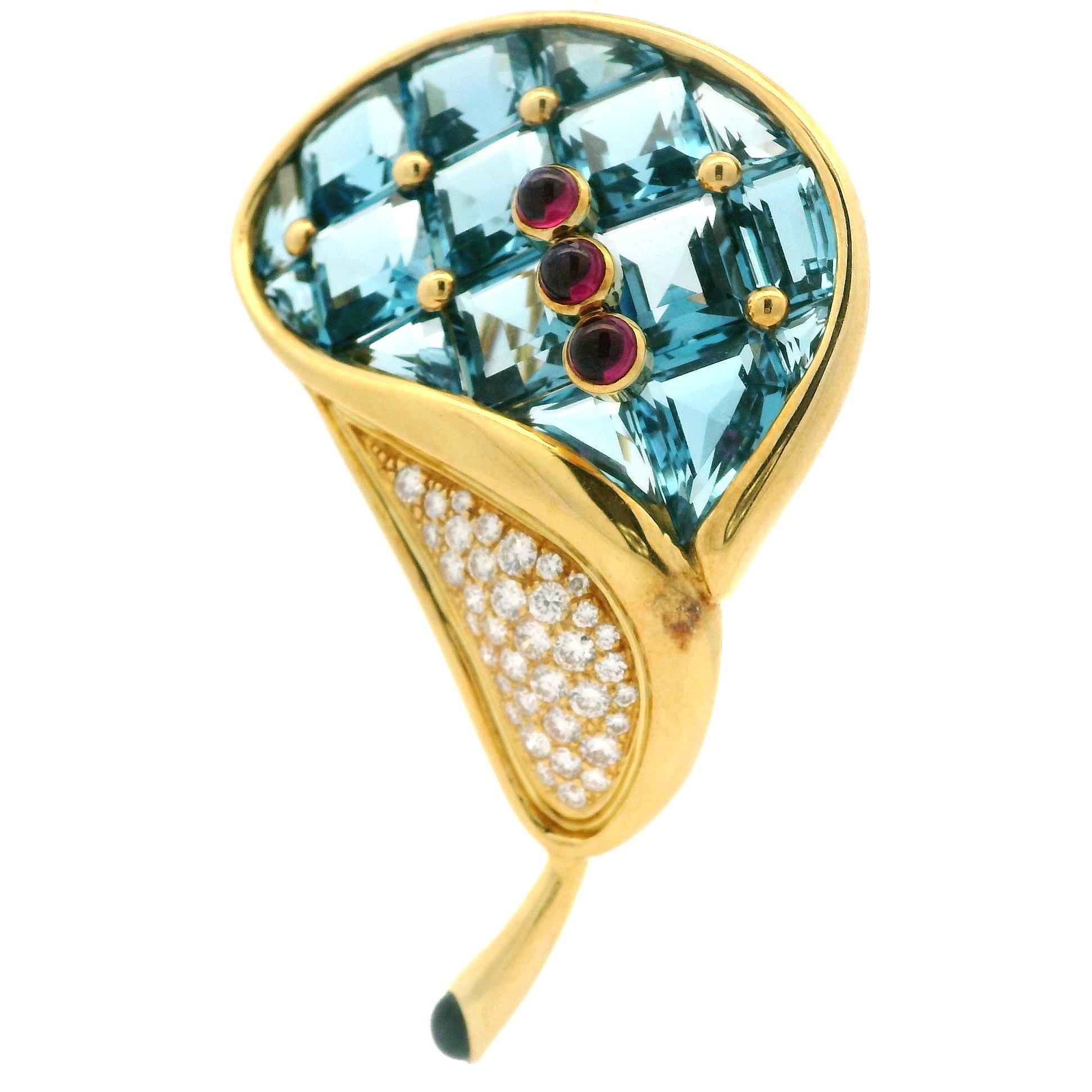 H. Stern 18k Gold Blue Topaz Garnet Iolite Diamond Calla Lily Flower Pin Brooch For Sale 3