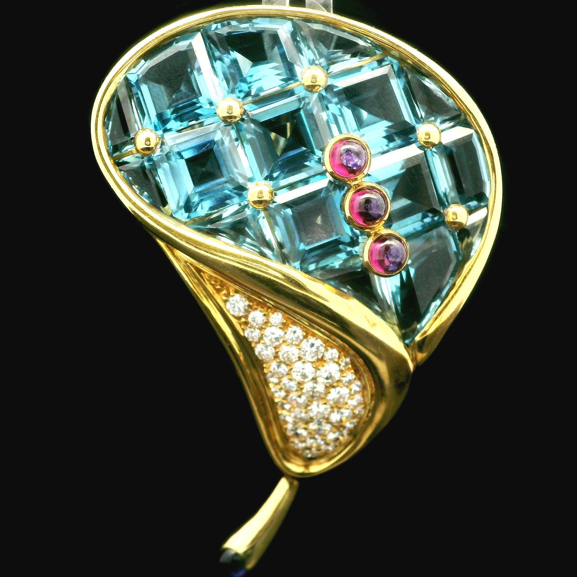 H. Stern 18k Gold Blue Topaz Garnet Iolite Diamond Calla Lily Flower Pin Brooch For Sale 4