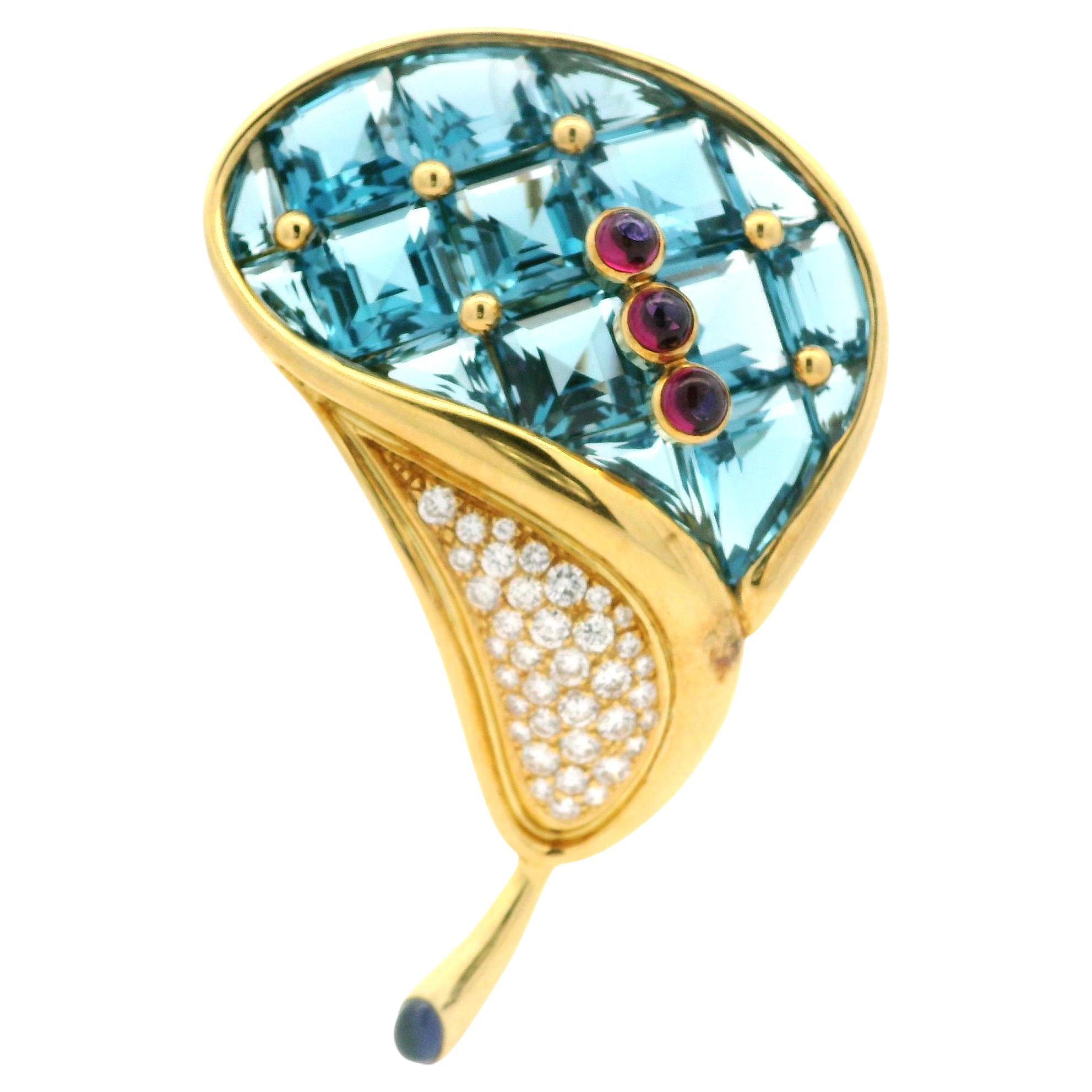 H. Stern 18k Gold Blue Topaz Garnet Iolite Diamond Calla Lily Flower Pin Brooch