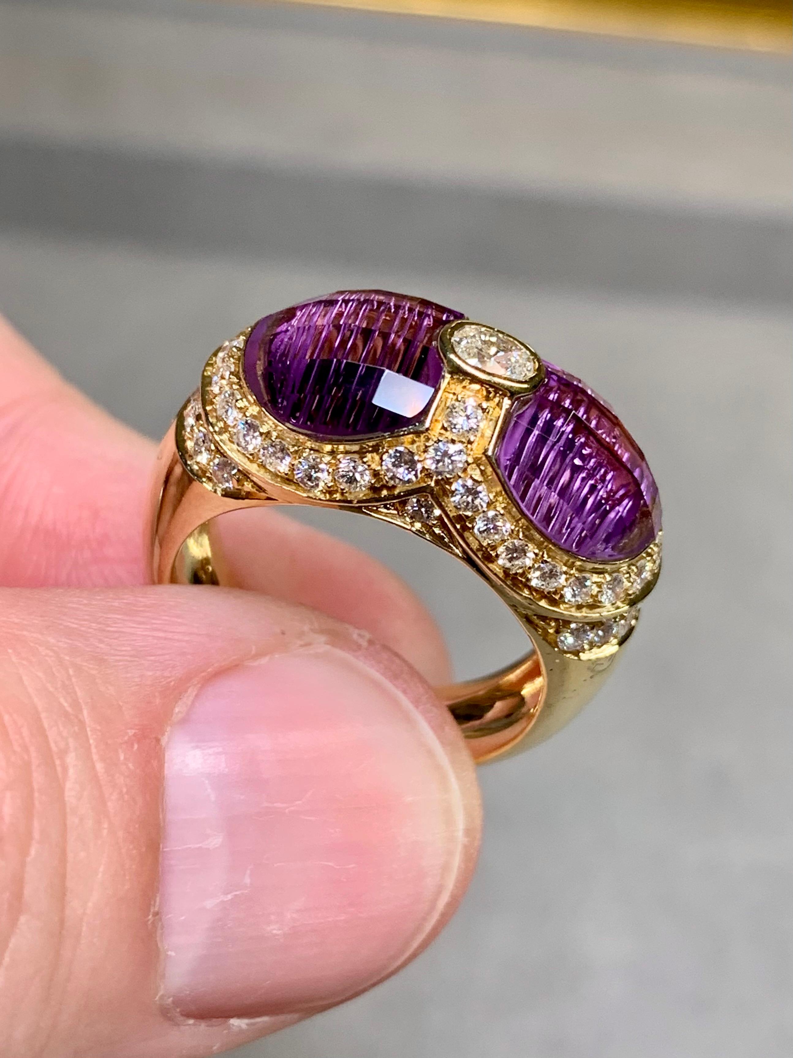 Oval Cut H. STERN 18K Oval Diamond Fantasy Cut Amethyst Saddle Cocktail Ring For Sale