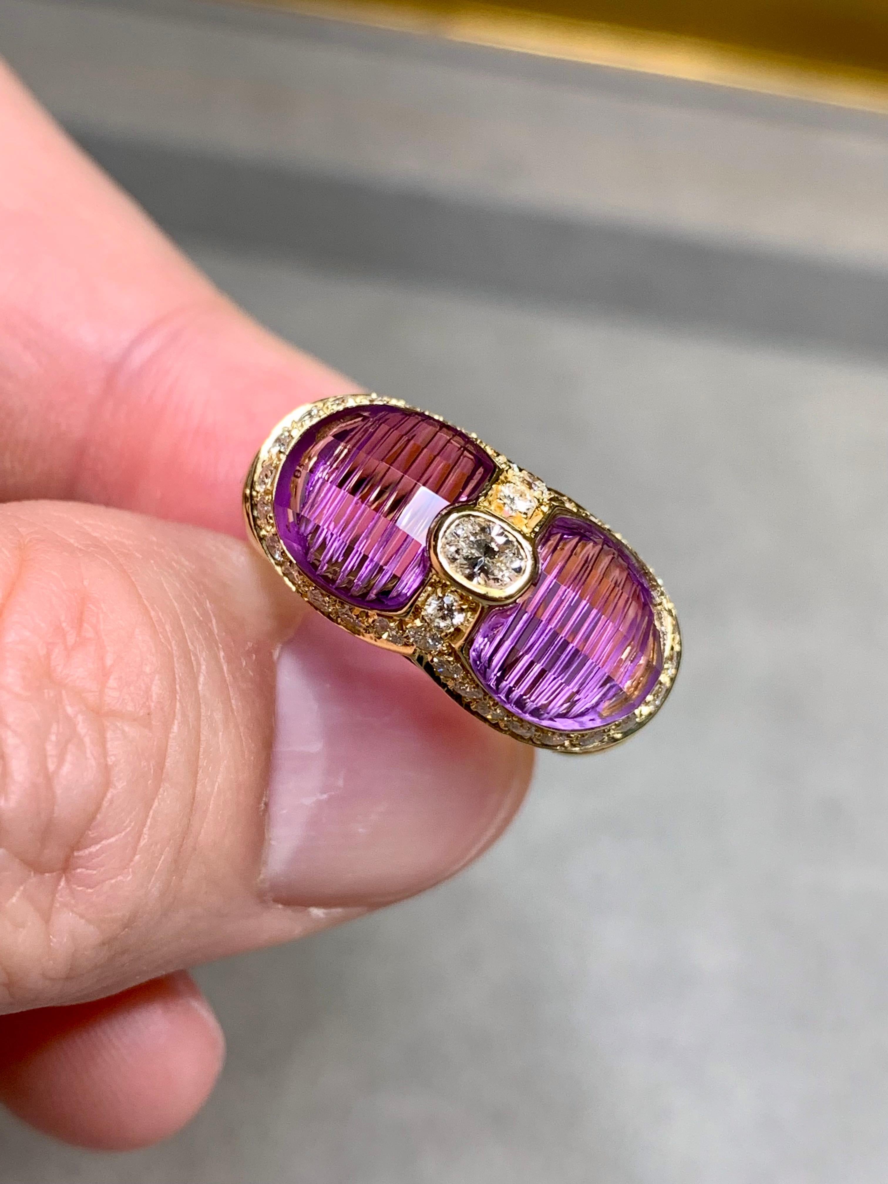 H. STERN 18K Oval Diamond Fantasy Cut Amethyst Saddle Cocktail Ring In Excellent Condition For Sale In Winter Springs, FL