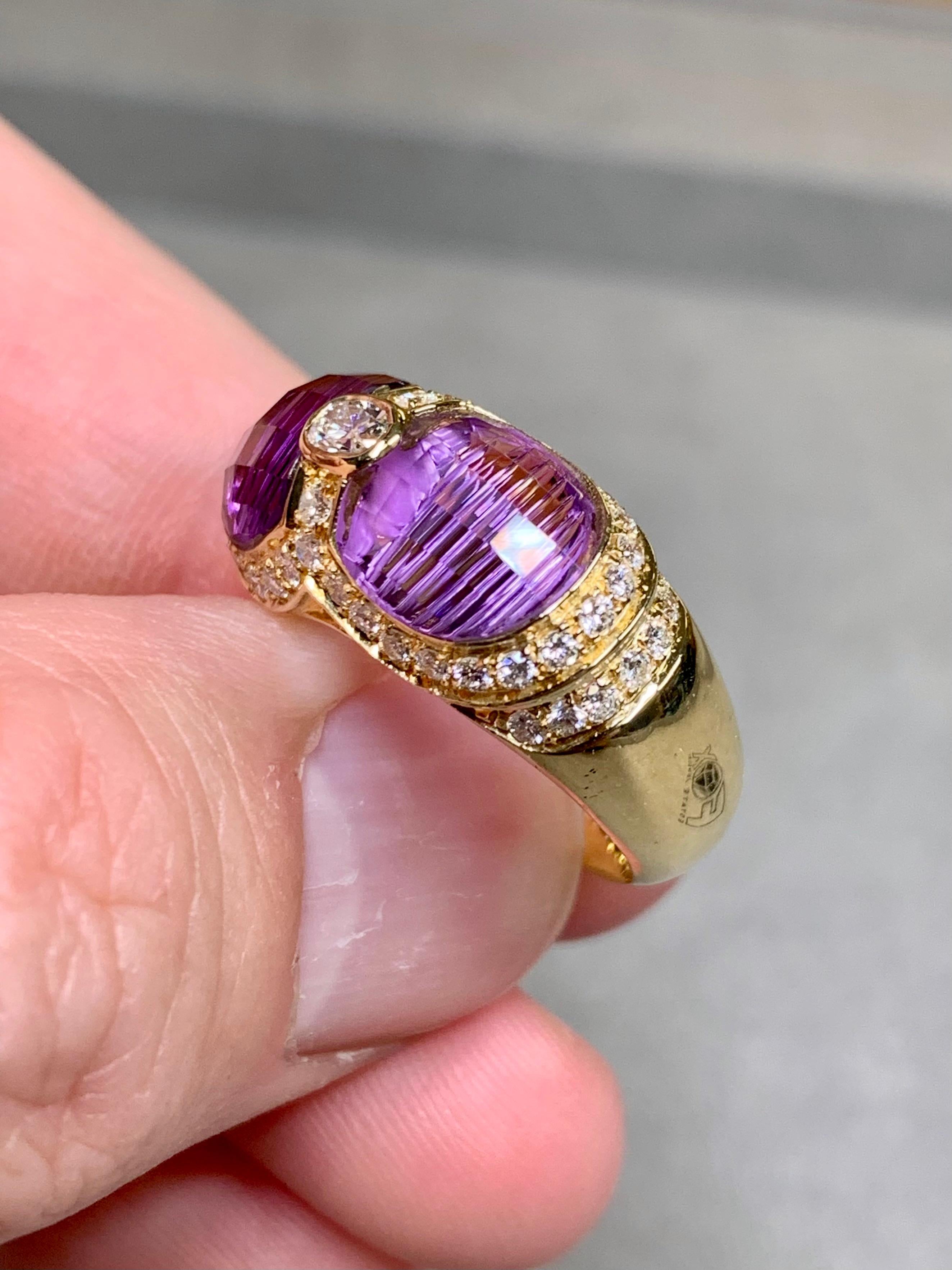 Women's or Men's H. STERN 18K Oval Diamond Fantasy Cut Amethyst Saddle Cocktail Ring For Sale