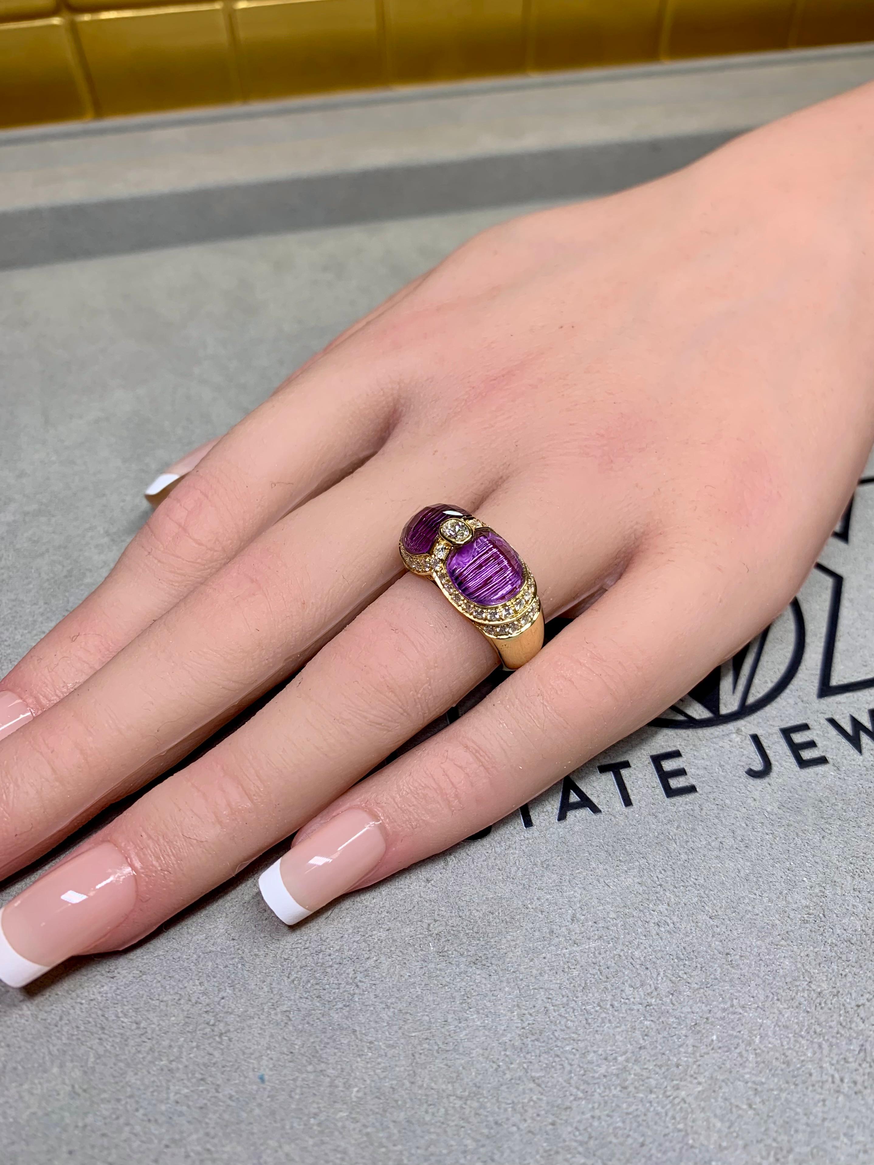 H. STERN 18K Oval Diamond Fantasy Cut Amethyst Saddle Cocktail Ring For Sale 1