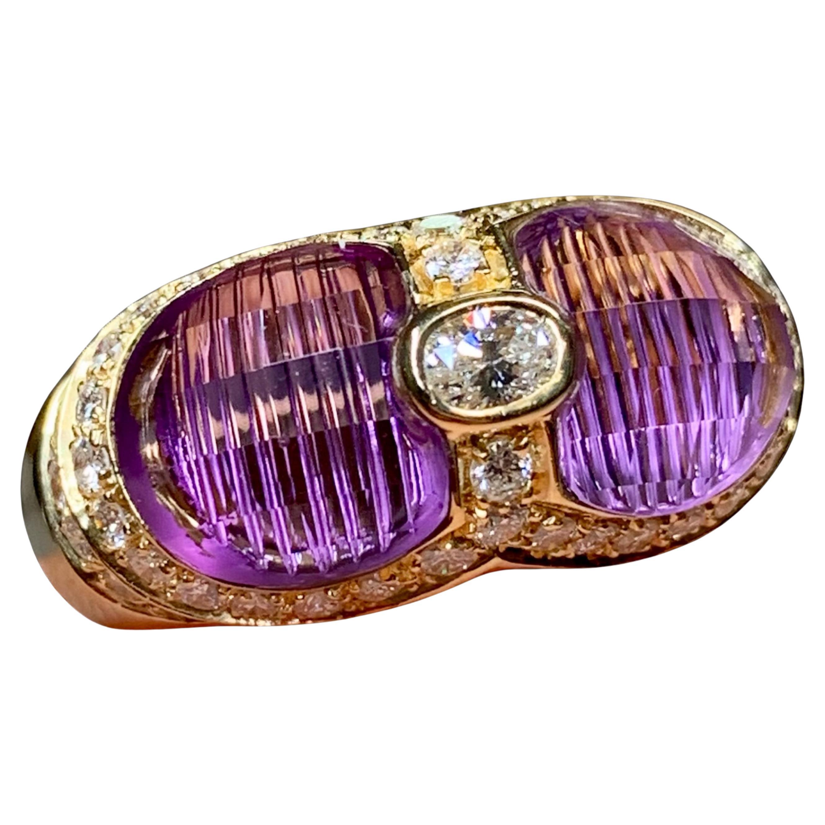 H. STERN 18K Oval Diamond Fantasy Cut Amethyst Saddle Cocktail Ring For Sale