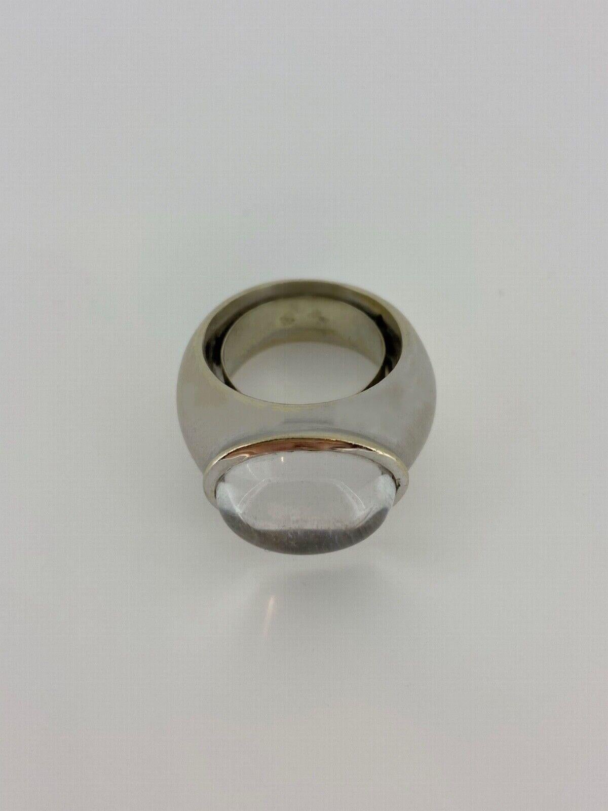 H. Stern 18K White Gold, Cabochon Quartz & Diamond Signet Ring, Heavy & Solid. In Excellent Condition For Sale In MELBOURNE, AU