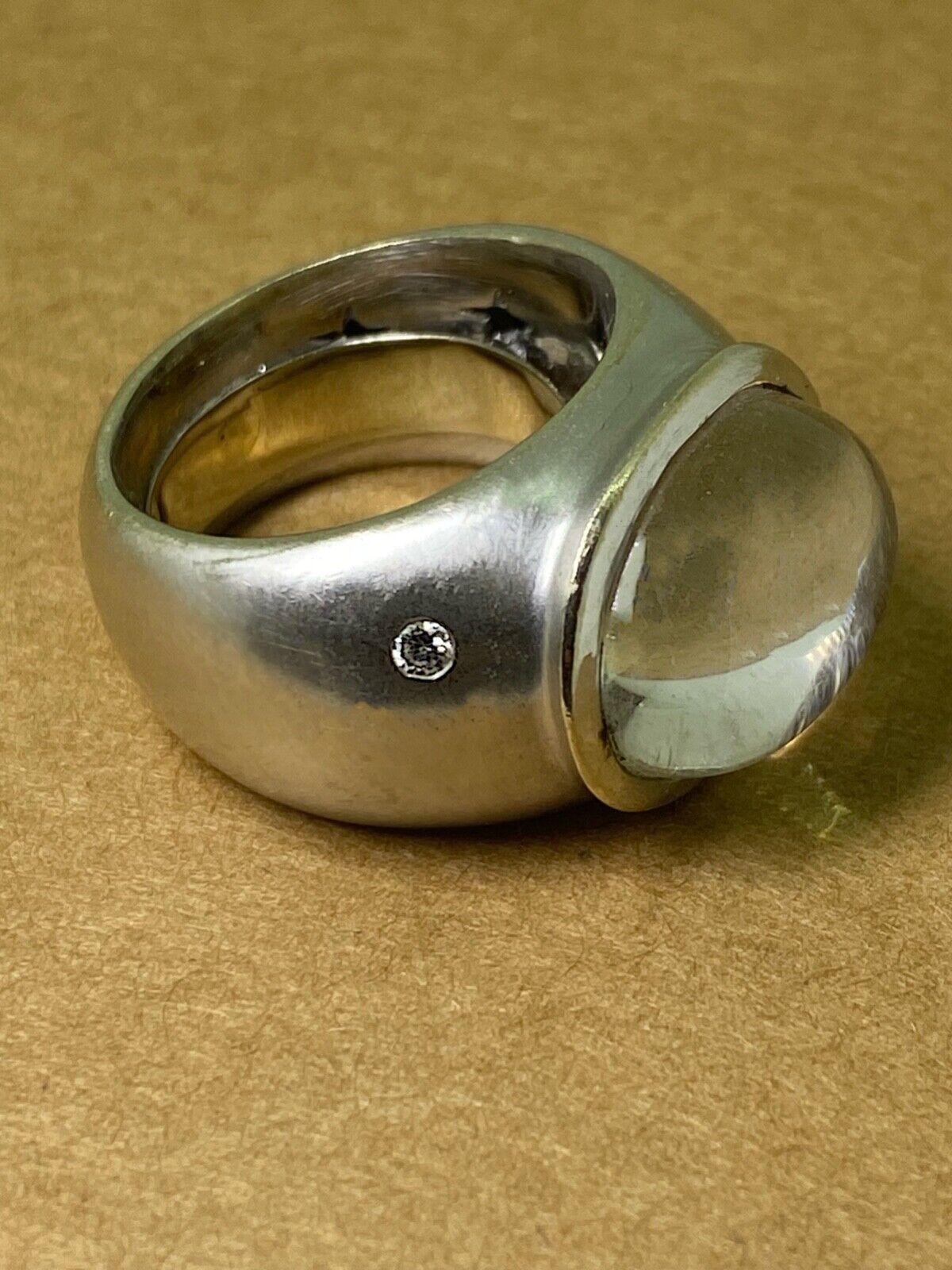 Women's or Men's H. Stern 18K White Gold, Cabochon Quartz & Diamond Signet Ring, Heavy & Solid. For Sale