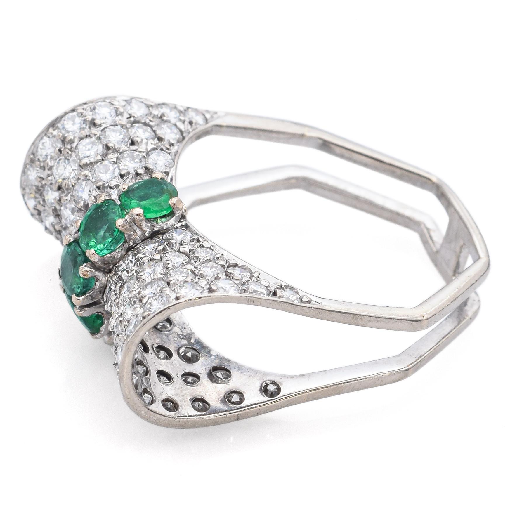 Women's or Men's H. Stern 18K White Gold Emerald & 1.60 TCW Diamond Bow Ring with Box Size 5.5
