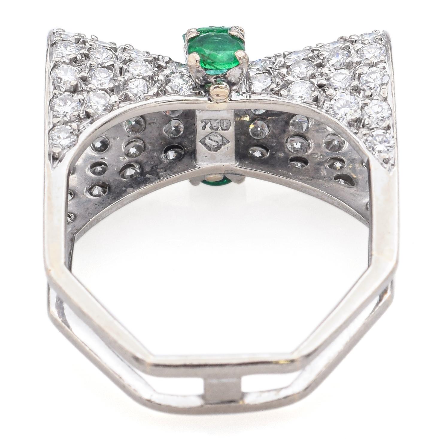 H. Stern 18K White Gold Emerald & 1.60 TCW Diamond Bow Ring with Box Size 5.5 1