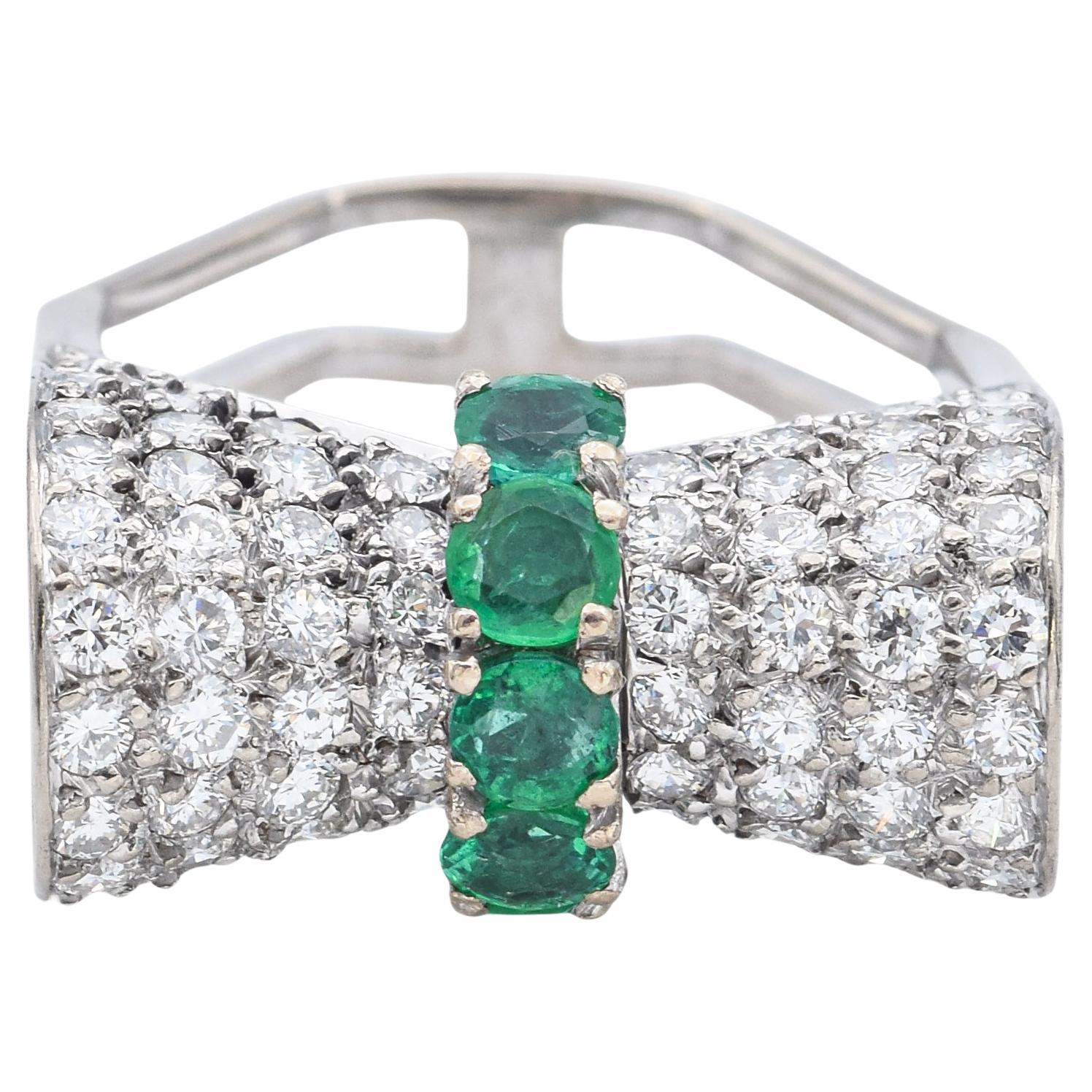 H. Stern 18K White Gold Emerald 
1.60 TCW Diamond Bow Ring with Box Size 5.5
