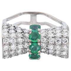 H. Stern 18K White Gold Emerald & 1.60 TCW Diamond Bow Ring with Box Size 5.5