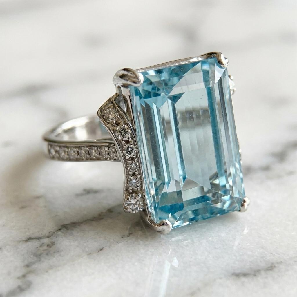 H.Stern エメラルドカット リング H. Stern 18K White Gold Emerald Cut Aquamarine Diamond Ring For