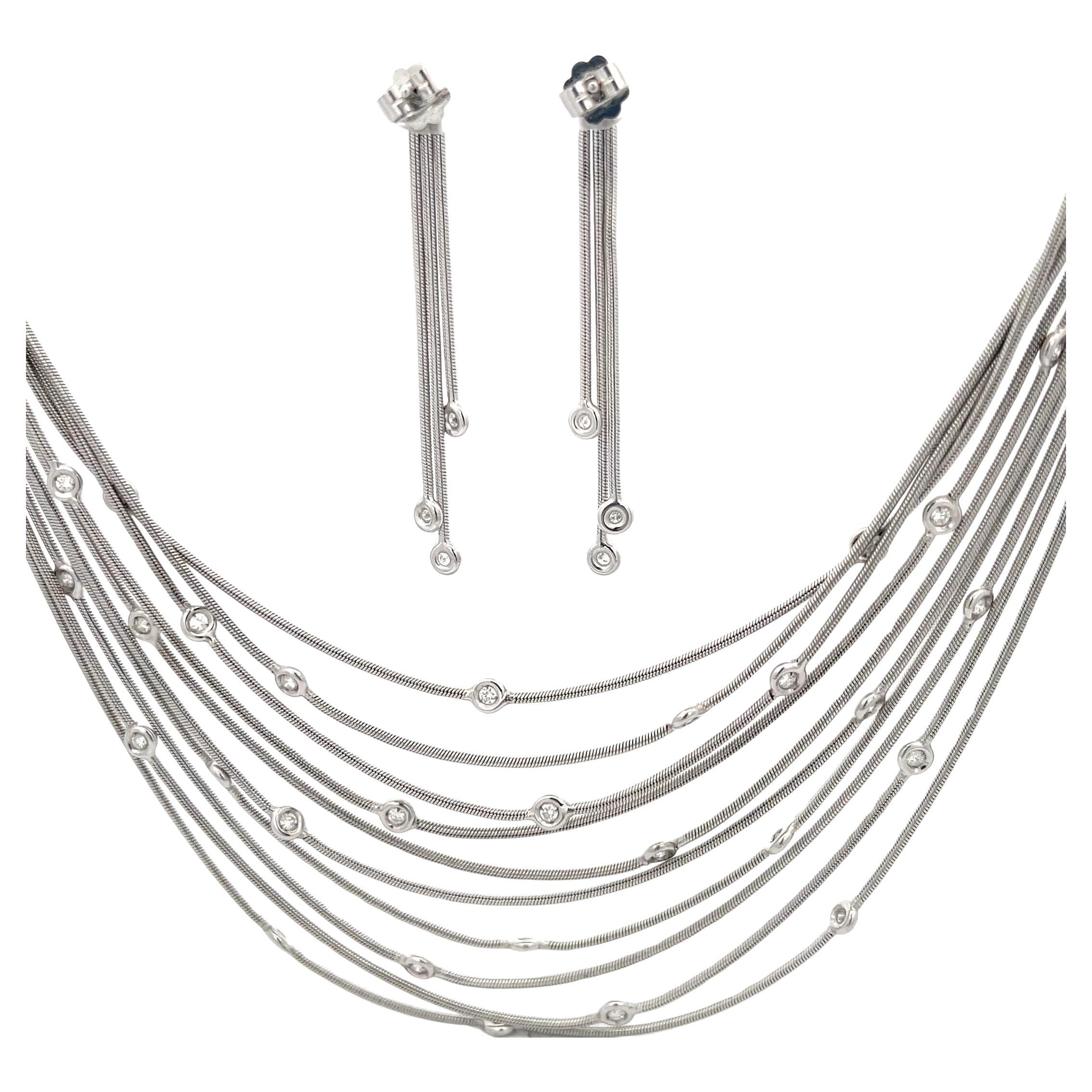H Stern 18K White Gold Multistrand Necklace with Diamonds, Plus Earrings Set 
Necklace - 15 1/2